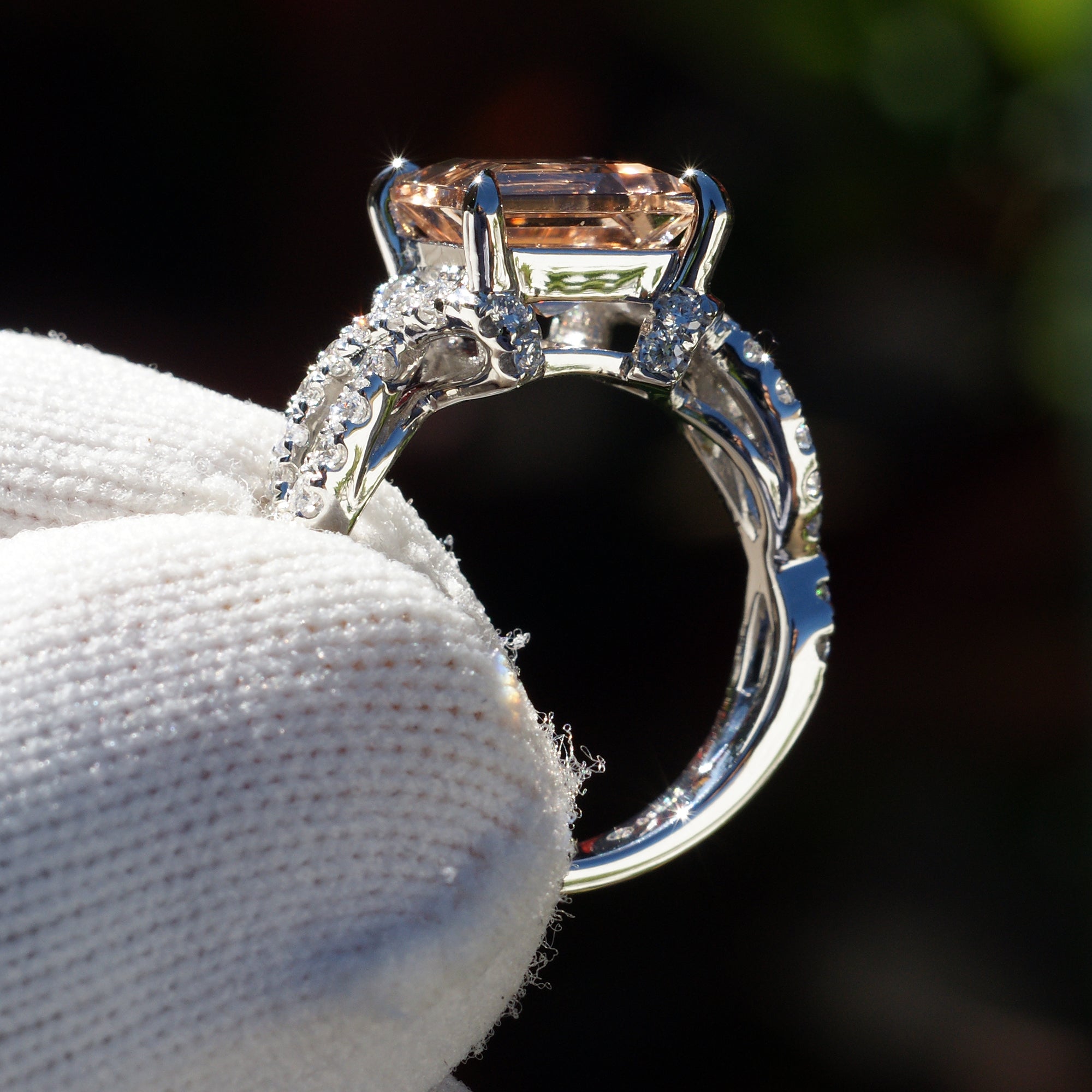 Square morganite engagement ring with diamond accent in white gold side profile