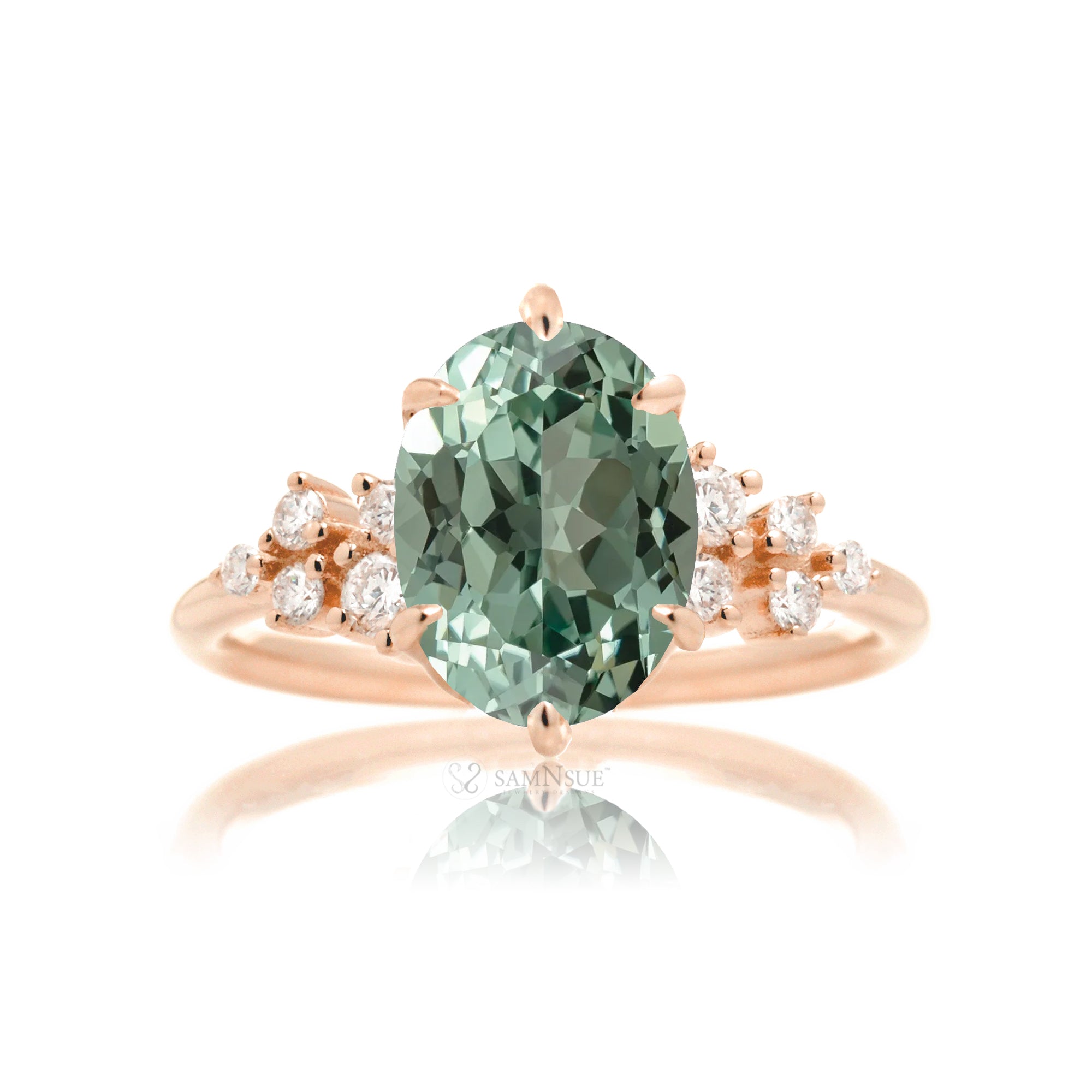 Green sapphire ring oval cut with diamond accent in rose gold