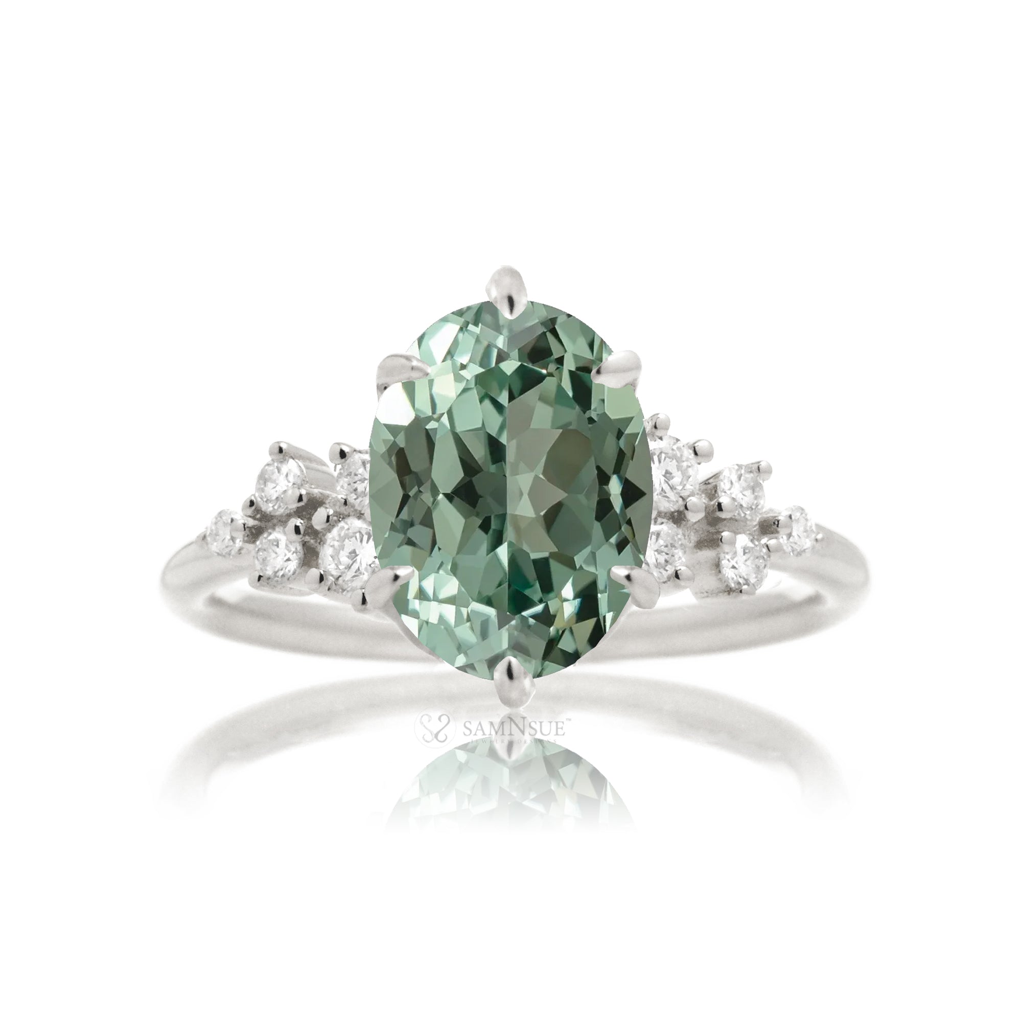 Green sapphire ring oval cut with diamond accent in white gold