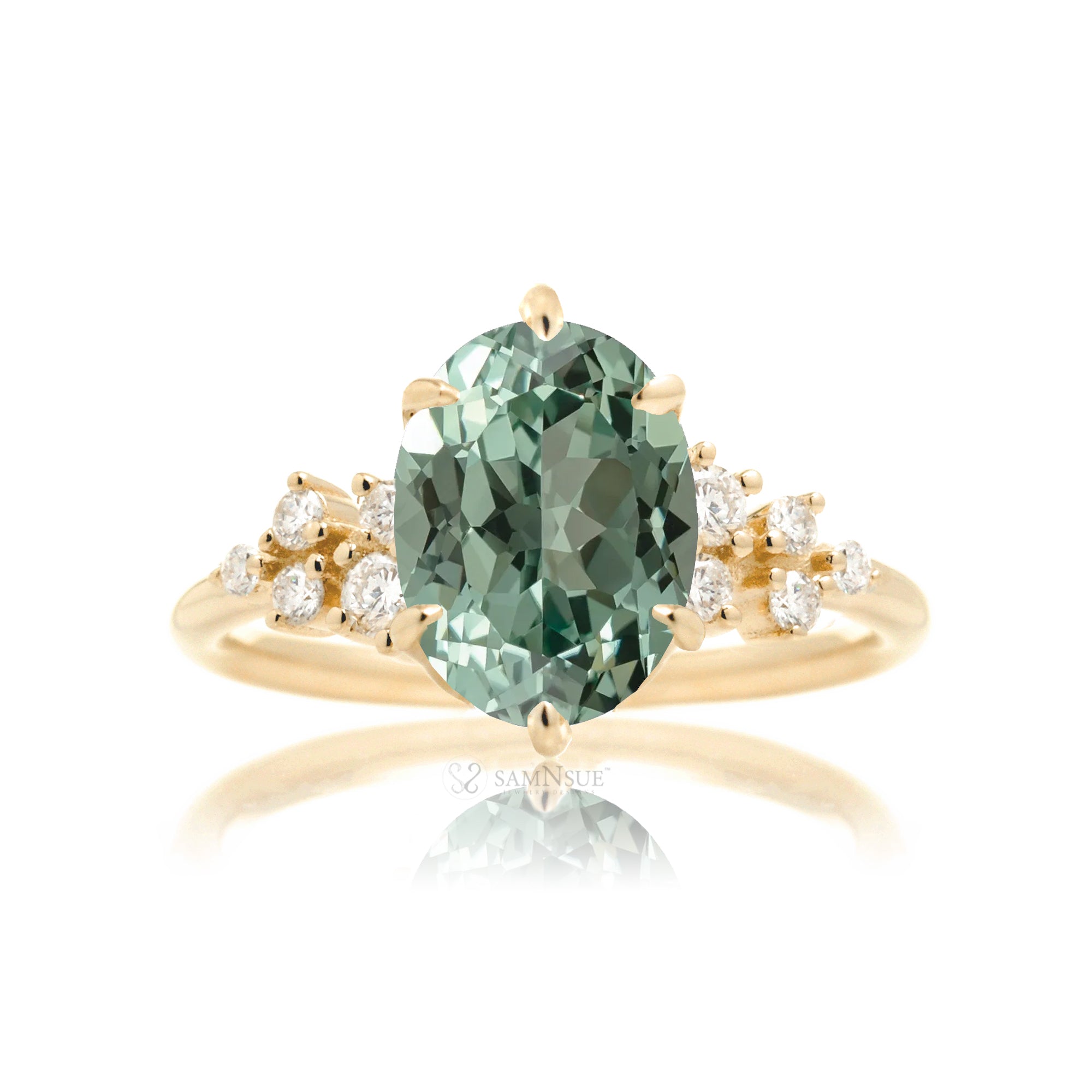 Green sapphire ring oval cut with diamond accent in yellow gold