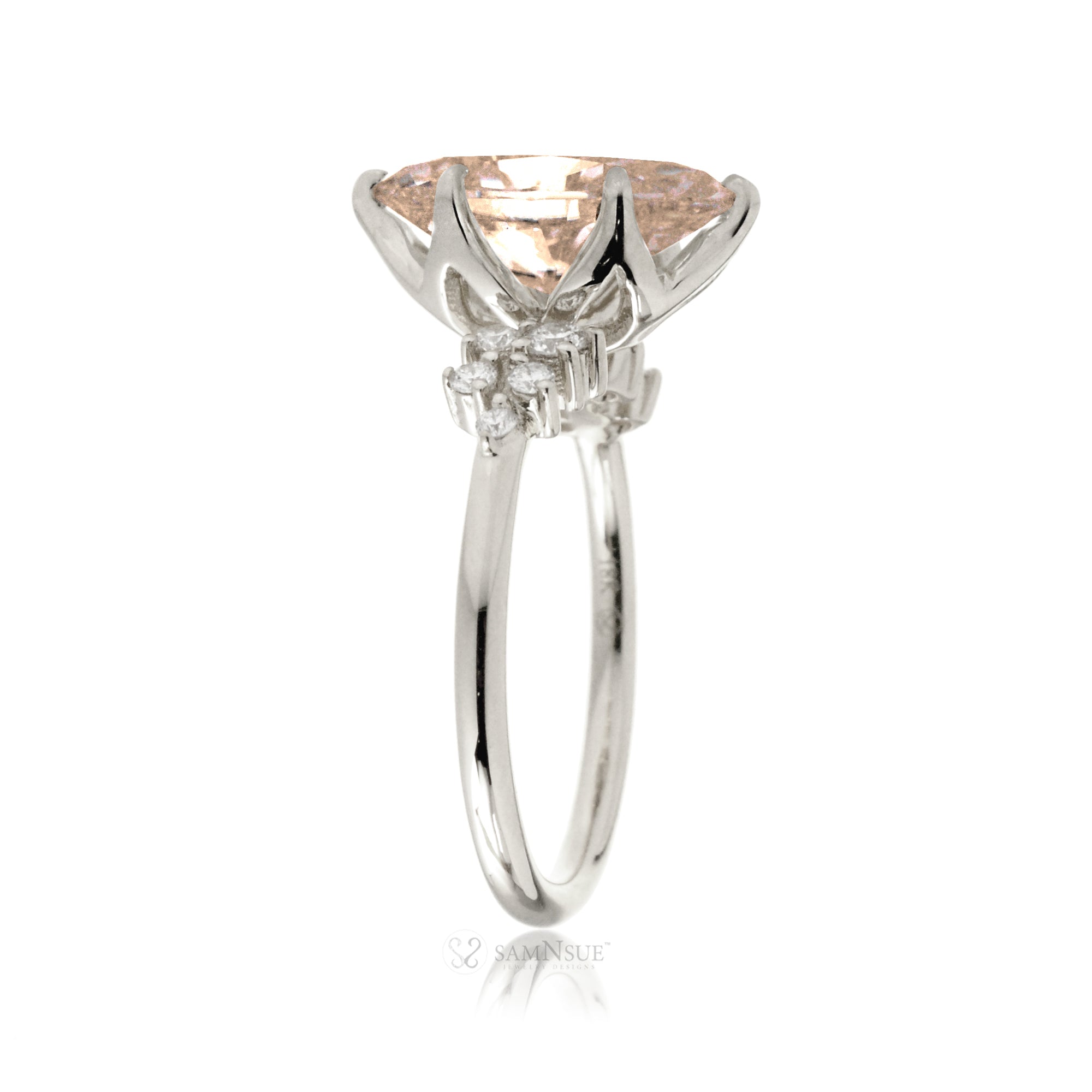 Oval cut morganite ring with diamond accent in white gold