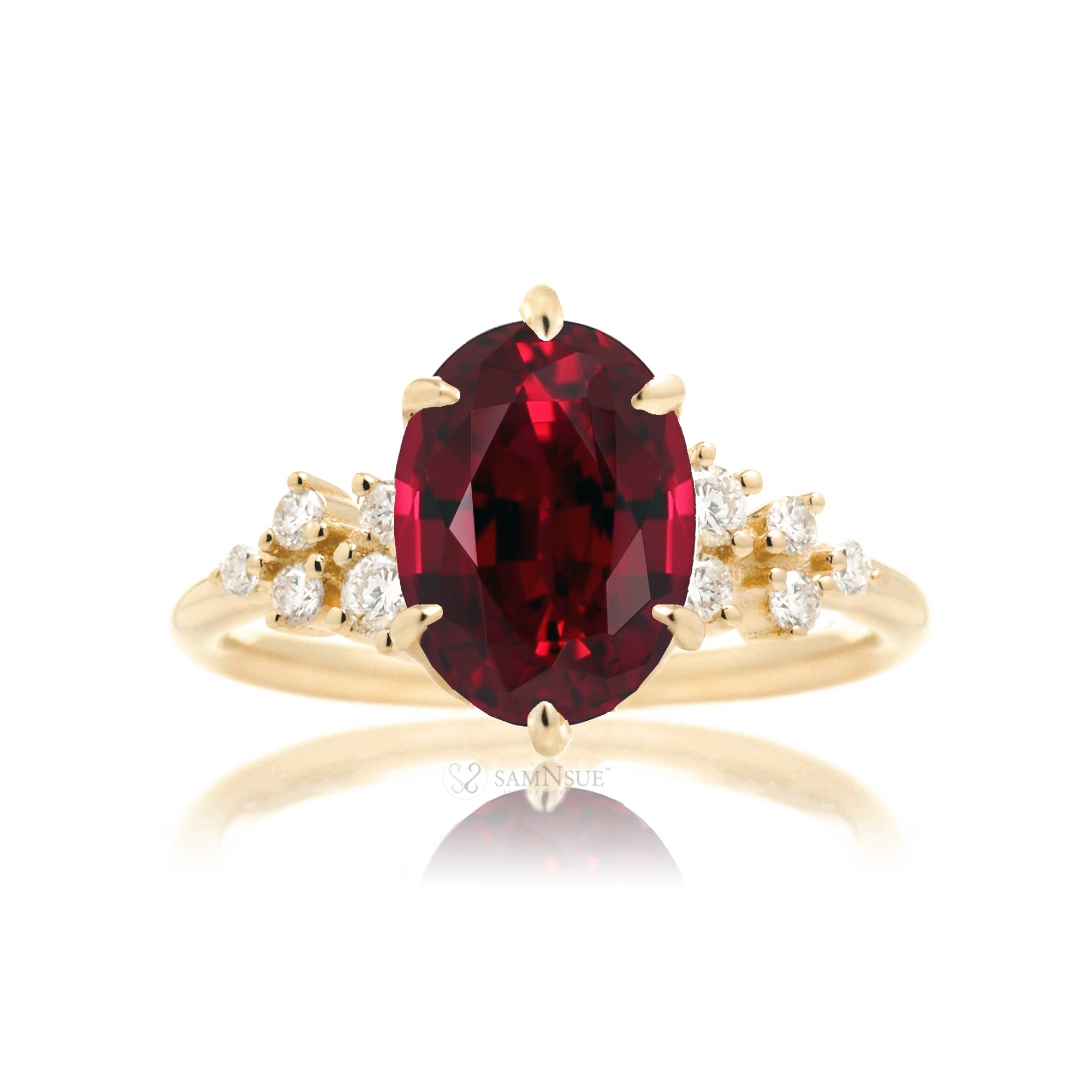 Oval ruby diamond engagement ring in yellow gold