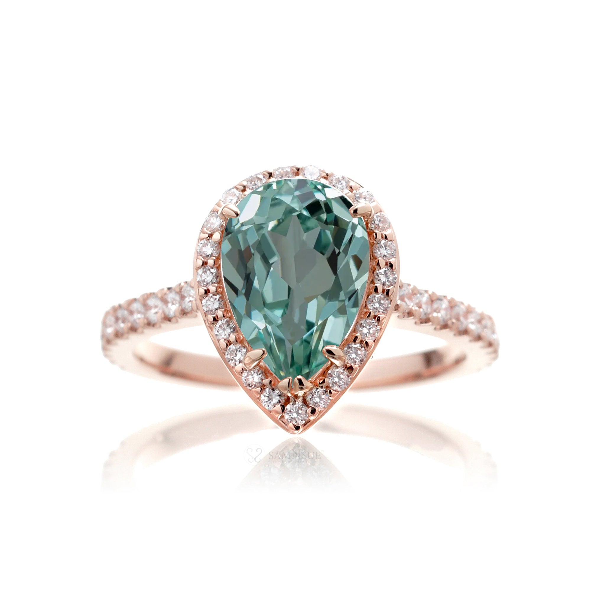 Green sapphire ring pear diamond halo the sunset rose gold