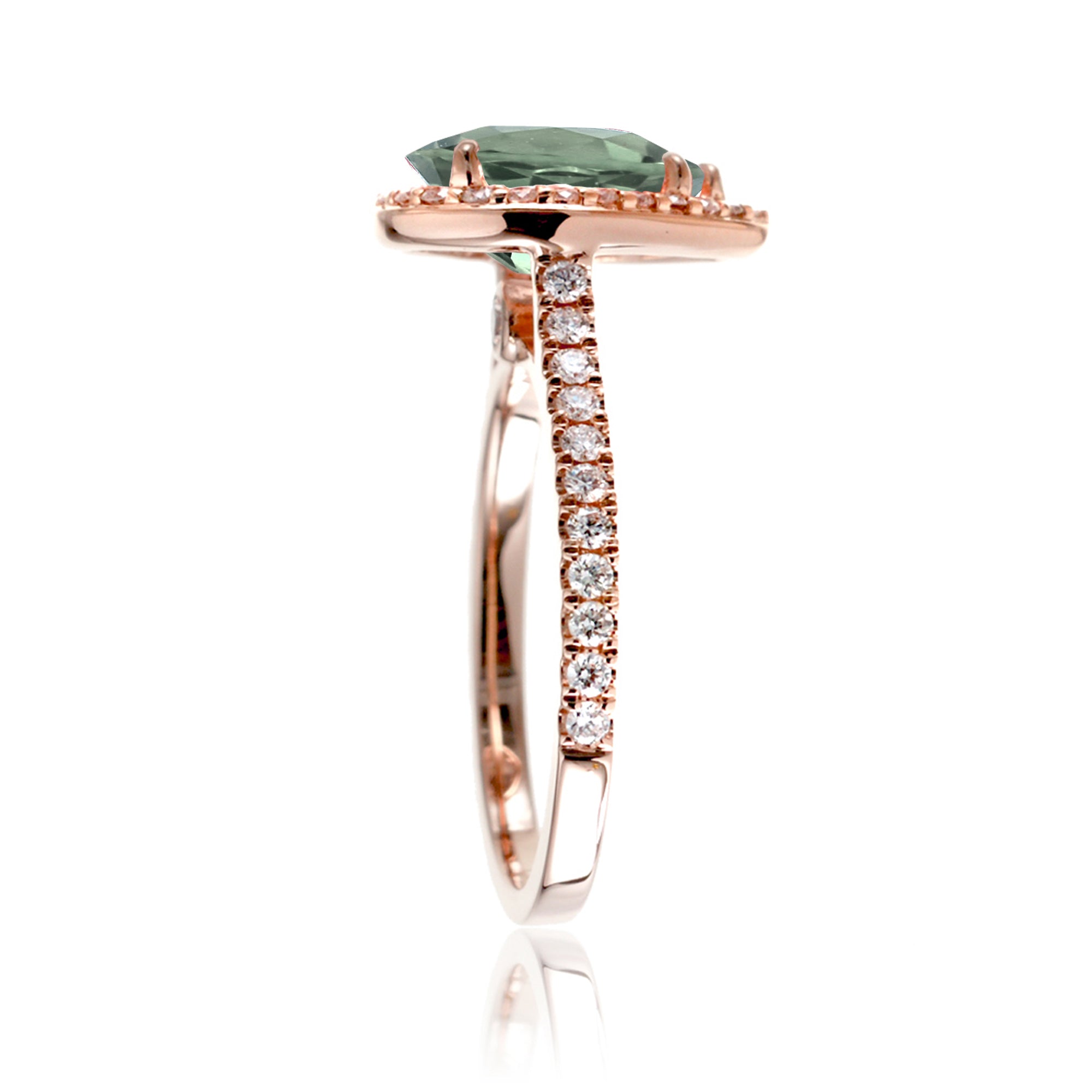 Green sapphire ring pear diamond halo the sunset rose gold