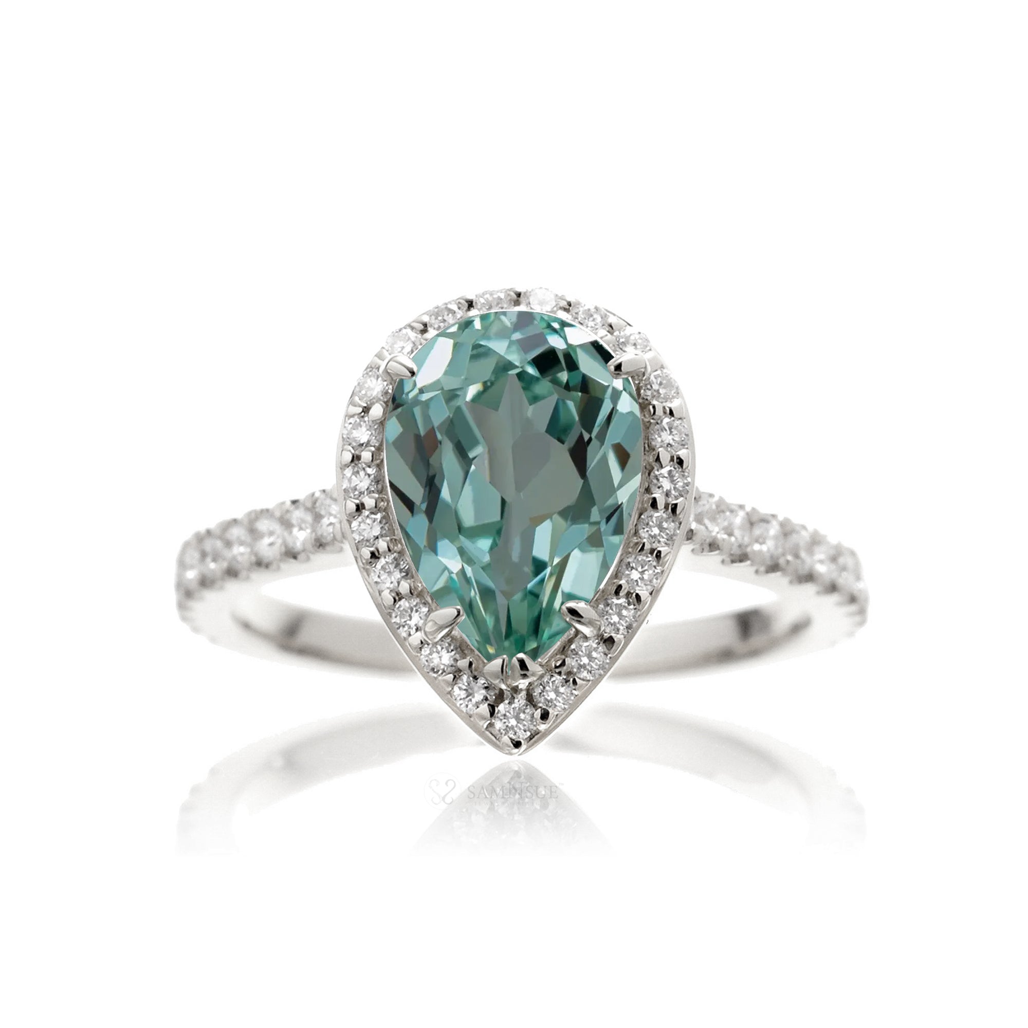 Green sapphire ring pear diamond halo the sunset white gold