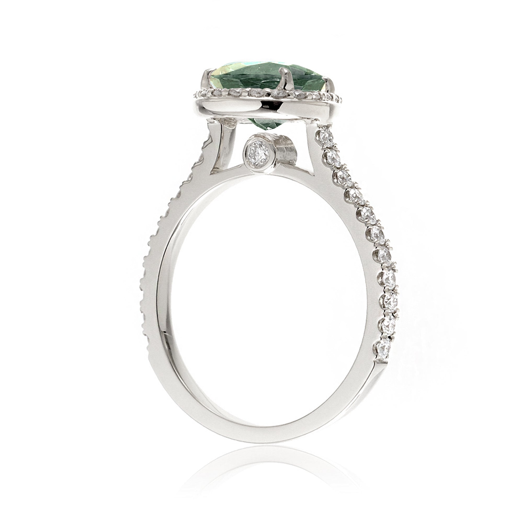 Green sapphire ring pear diamond halo the sunset white gold