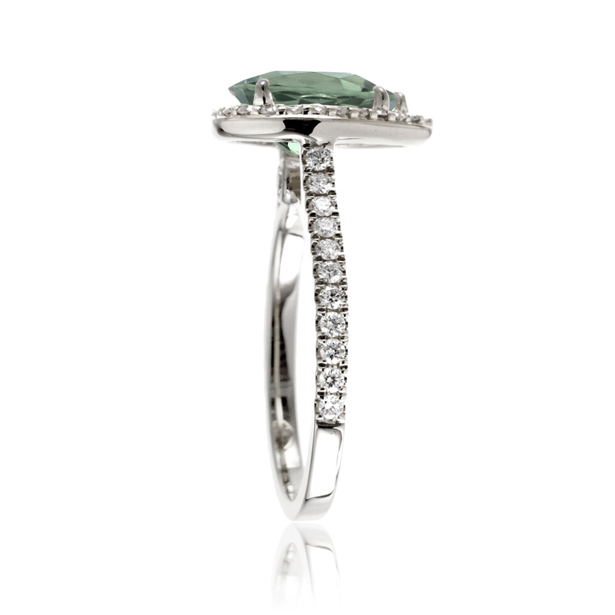 Green sapphire ring pear diamond halo the sunset white gold