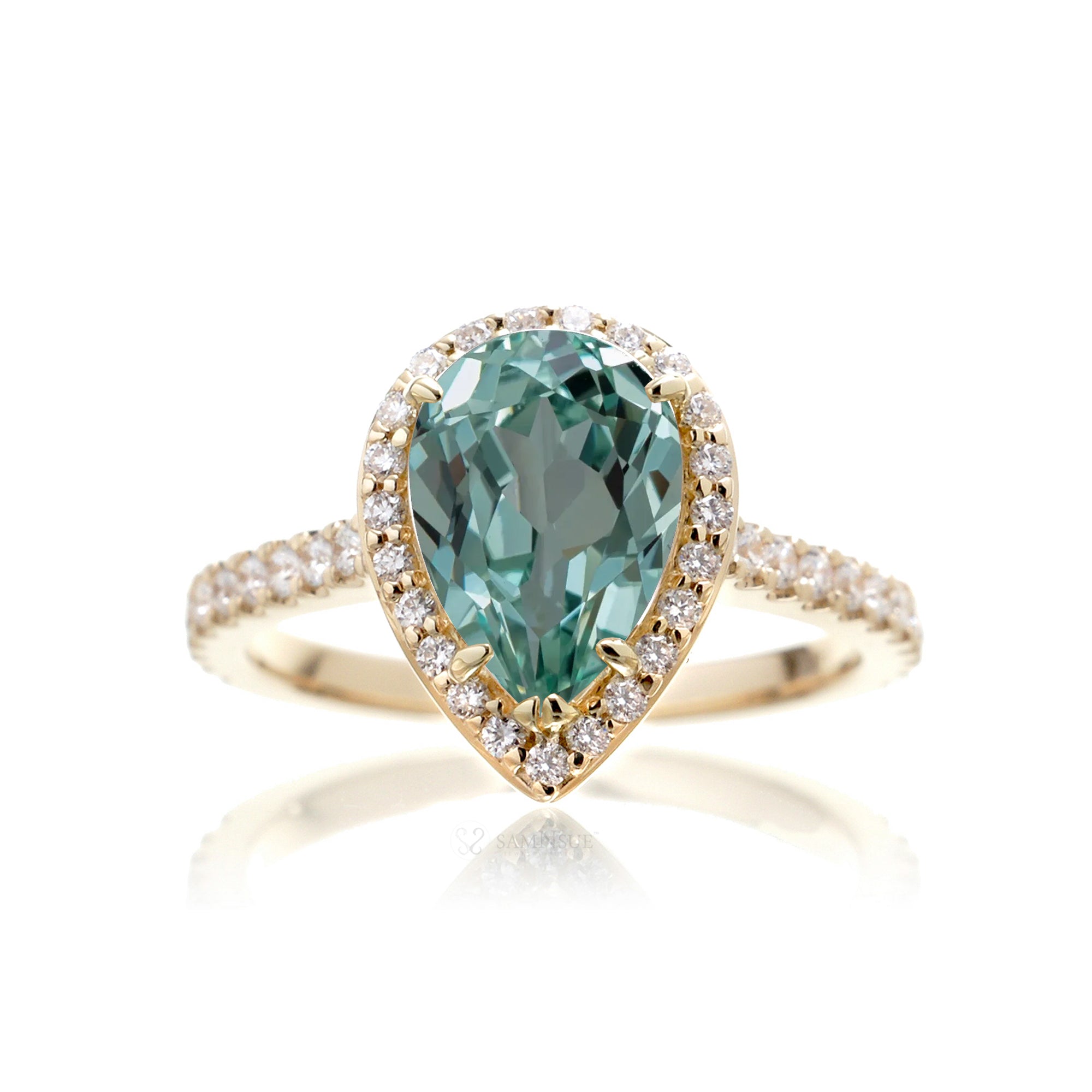 Green sapphire ring pear diamond halo the sunset yellow gold