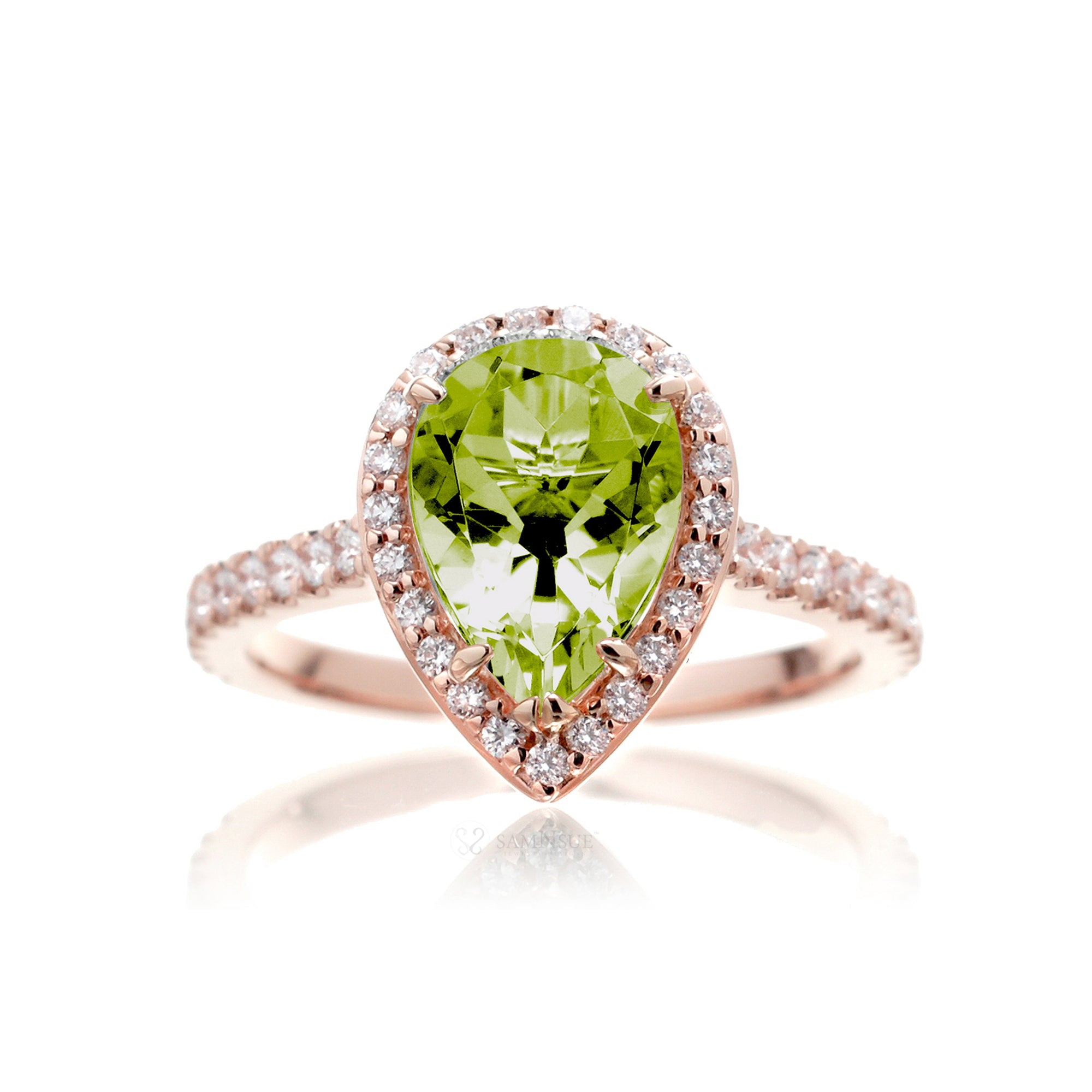 Pear peridot diamond halo engagement ring the Sunset rose gold