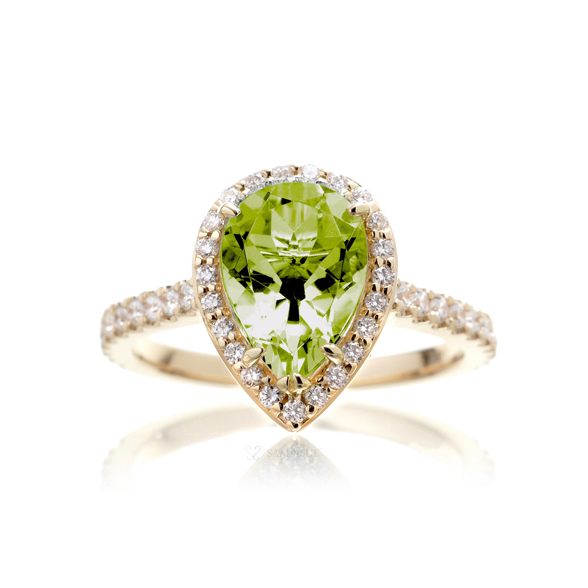 Pear peridot diamond halo engagement ring the Sunset yellow gold