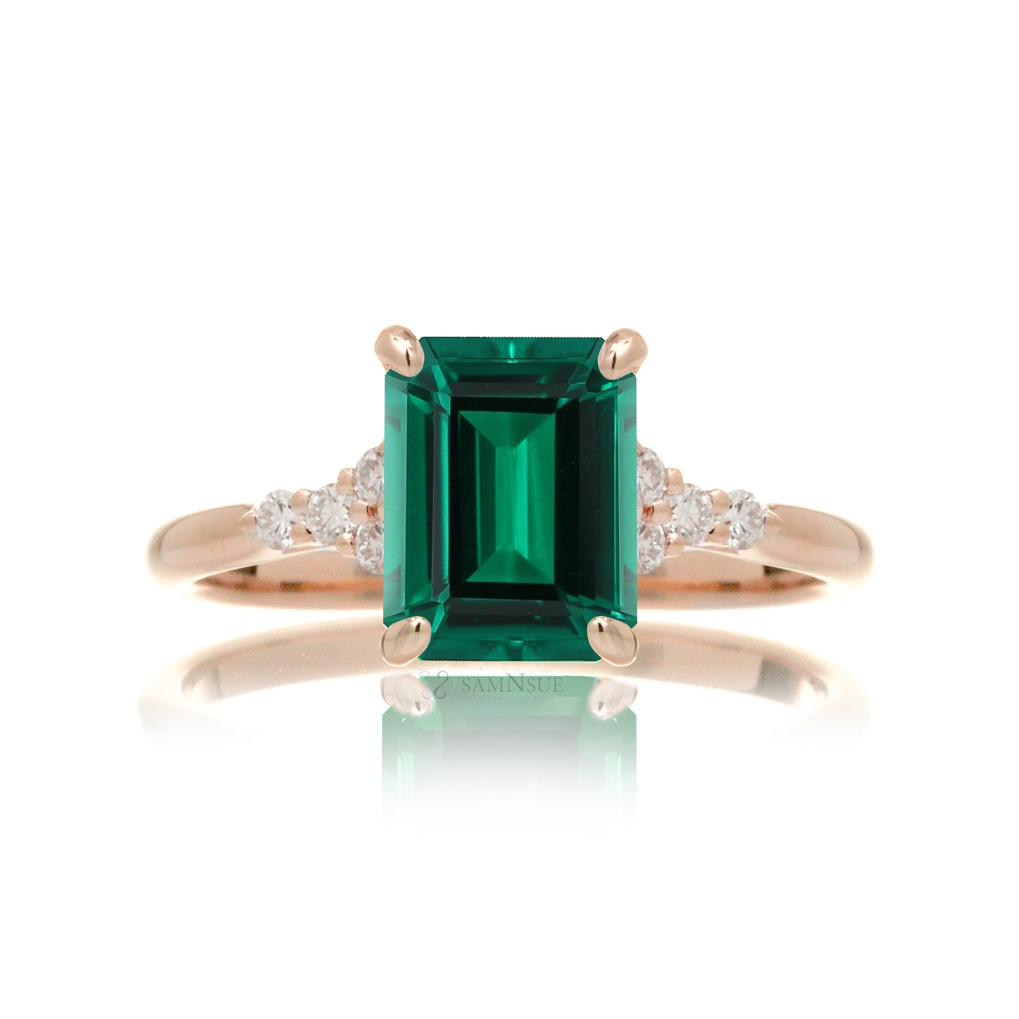 Green emerald engagement three stone ring in rose gold the Chloe