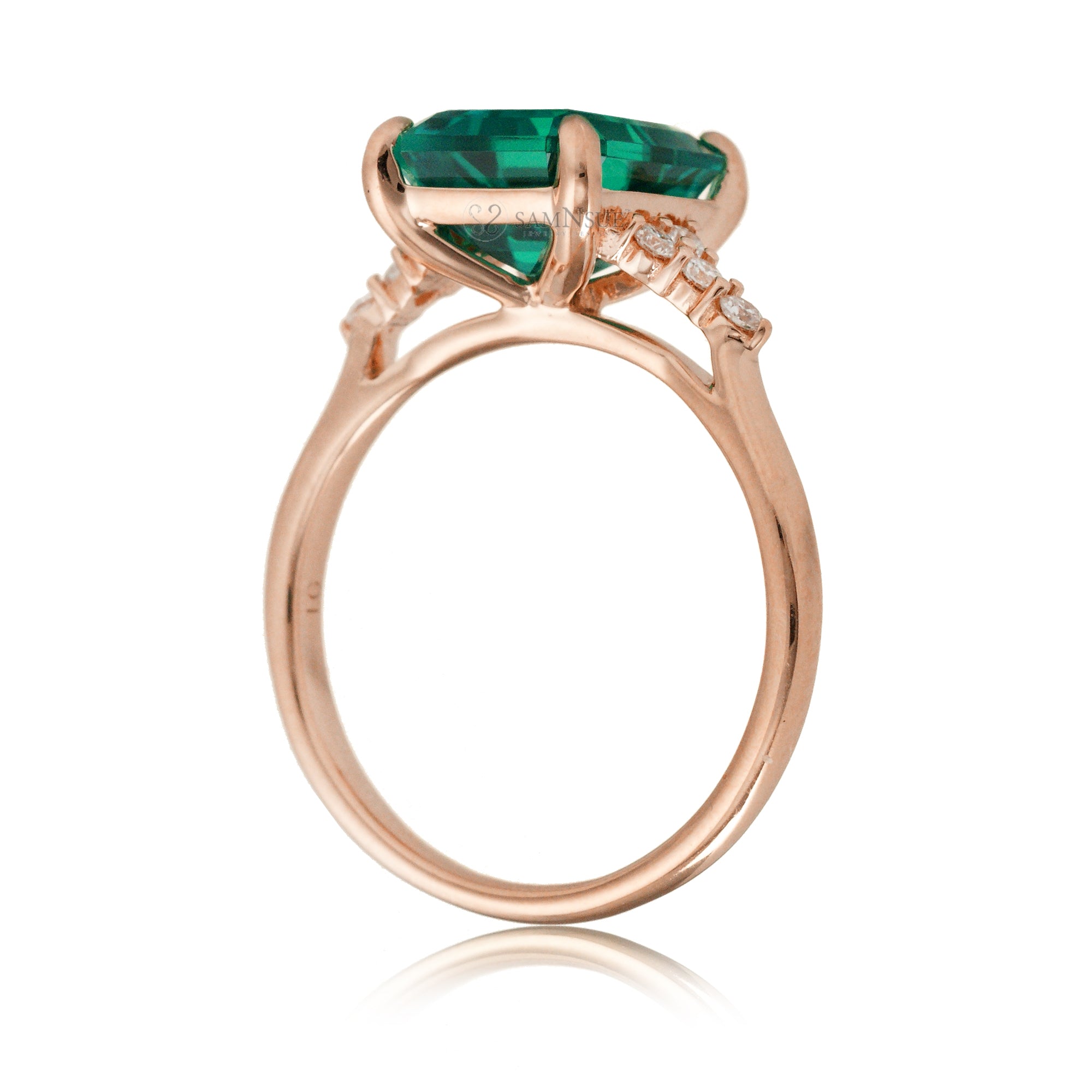 Green emerald engagement three stone ring in rose gold the Chloe