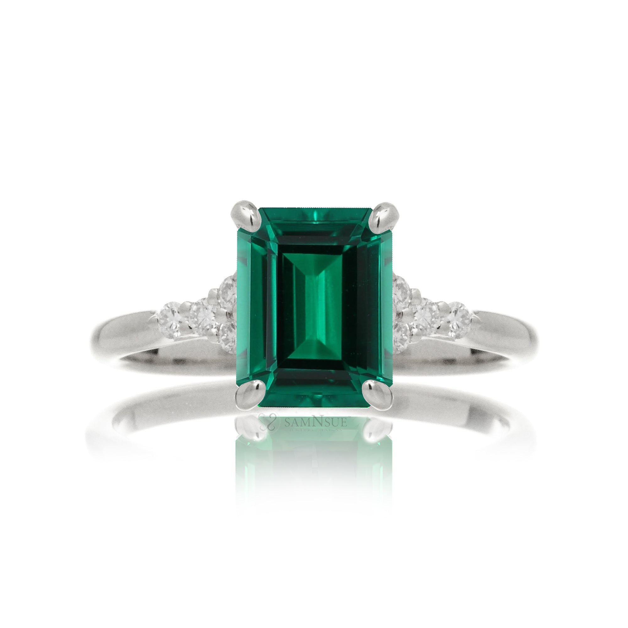 Green emerald engagement three stone ring in white gold the Chloe