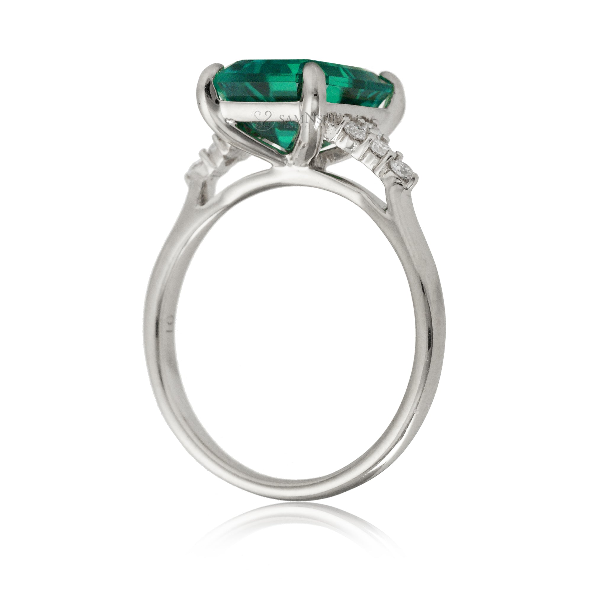 Green emerald engagement three stone ring in white gold the Chloe