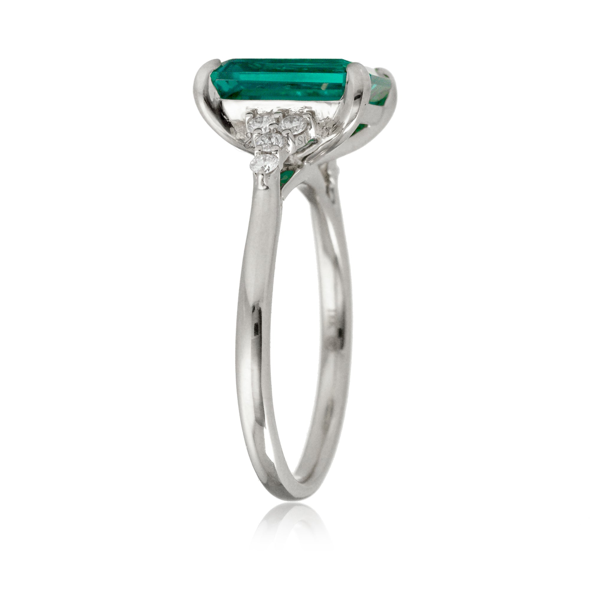 Green emerald engagement three stone ring in white gold the Chloe