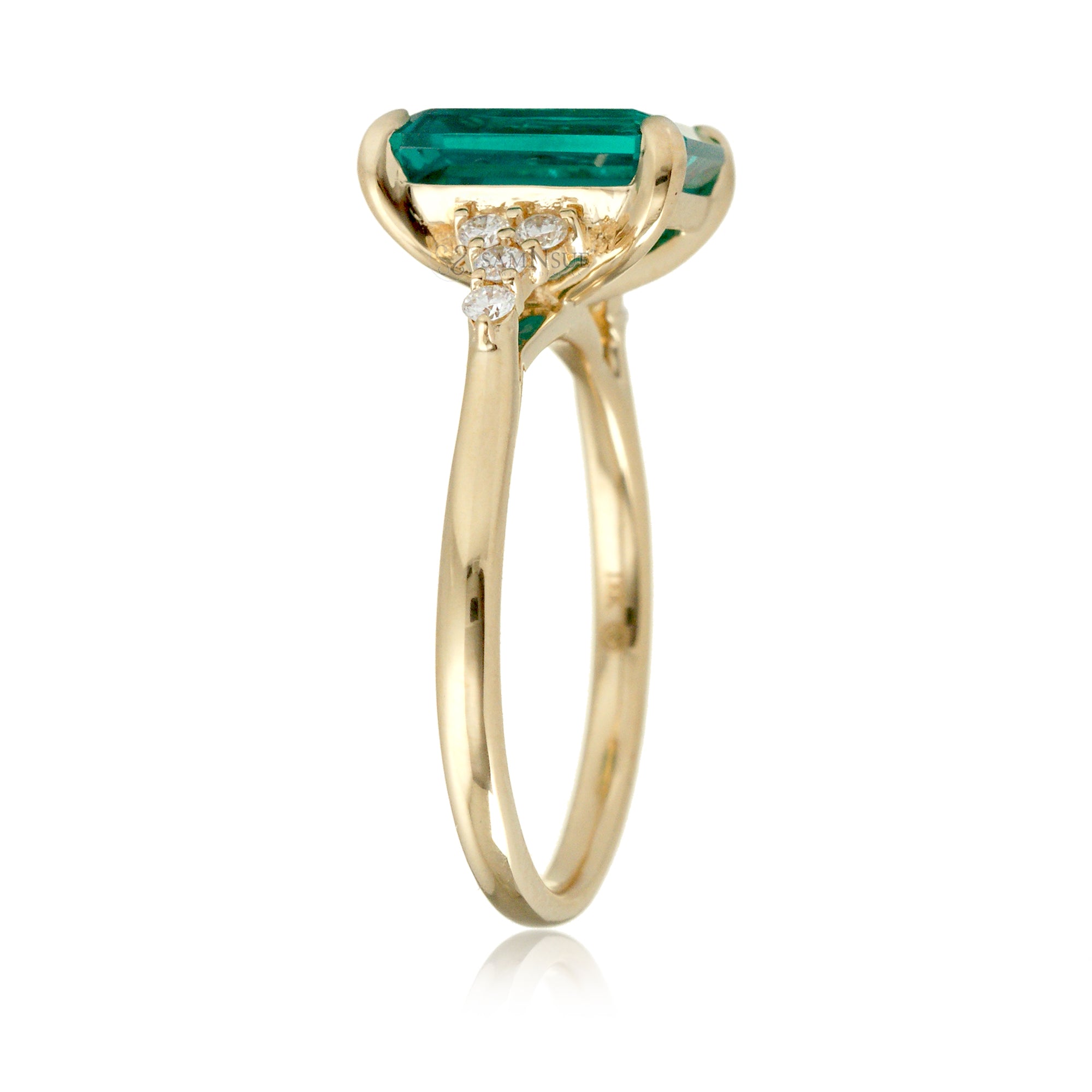 Green emerald engagement three stone ring in yellow gold the Chloe