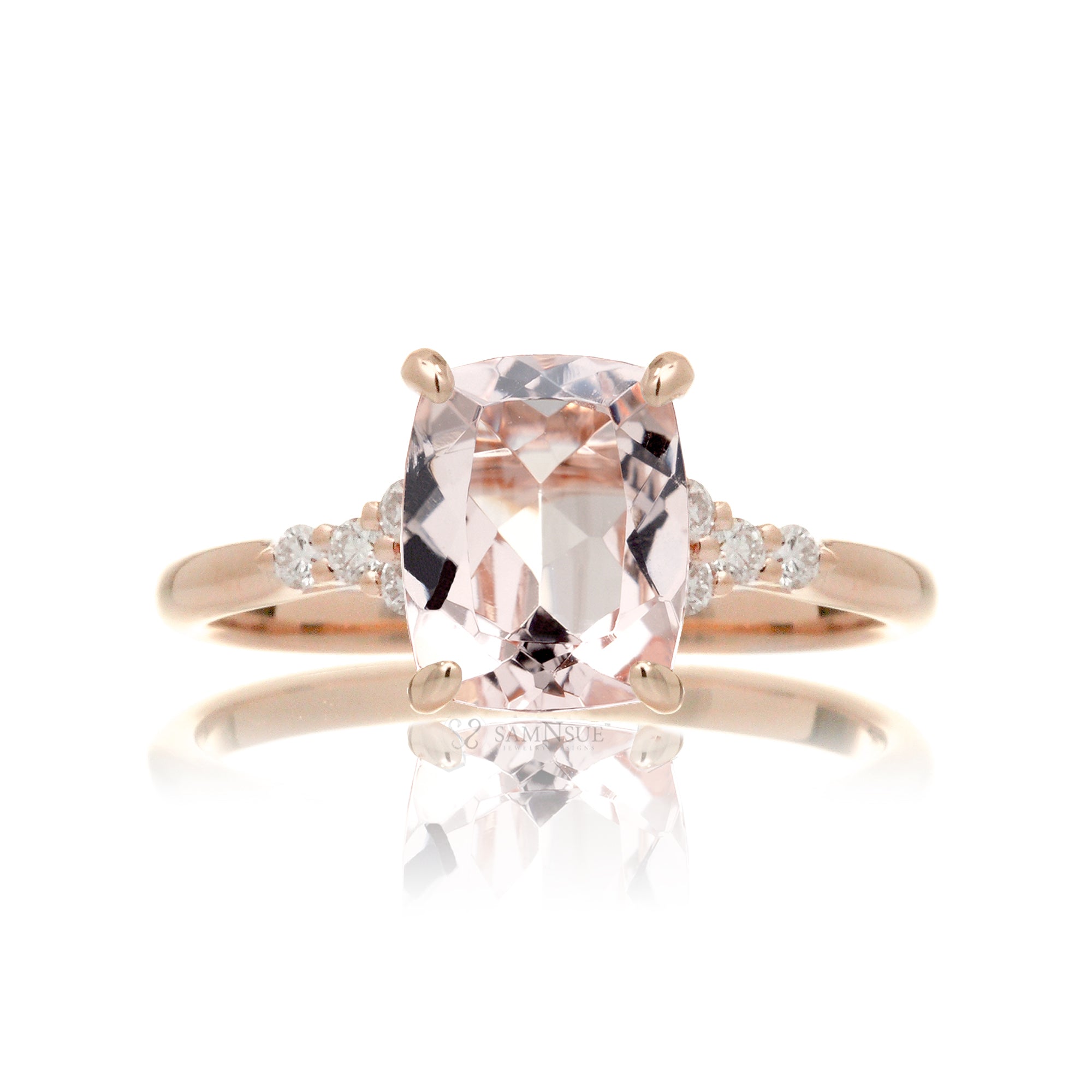 Cushion morganite ring with solid band and diamond accent in rose gold