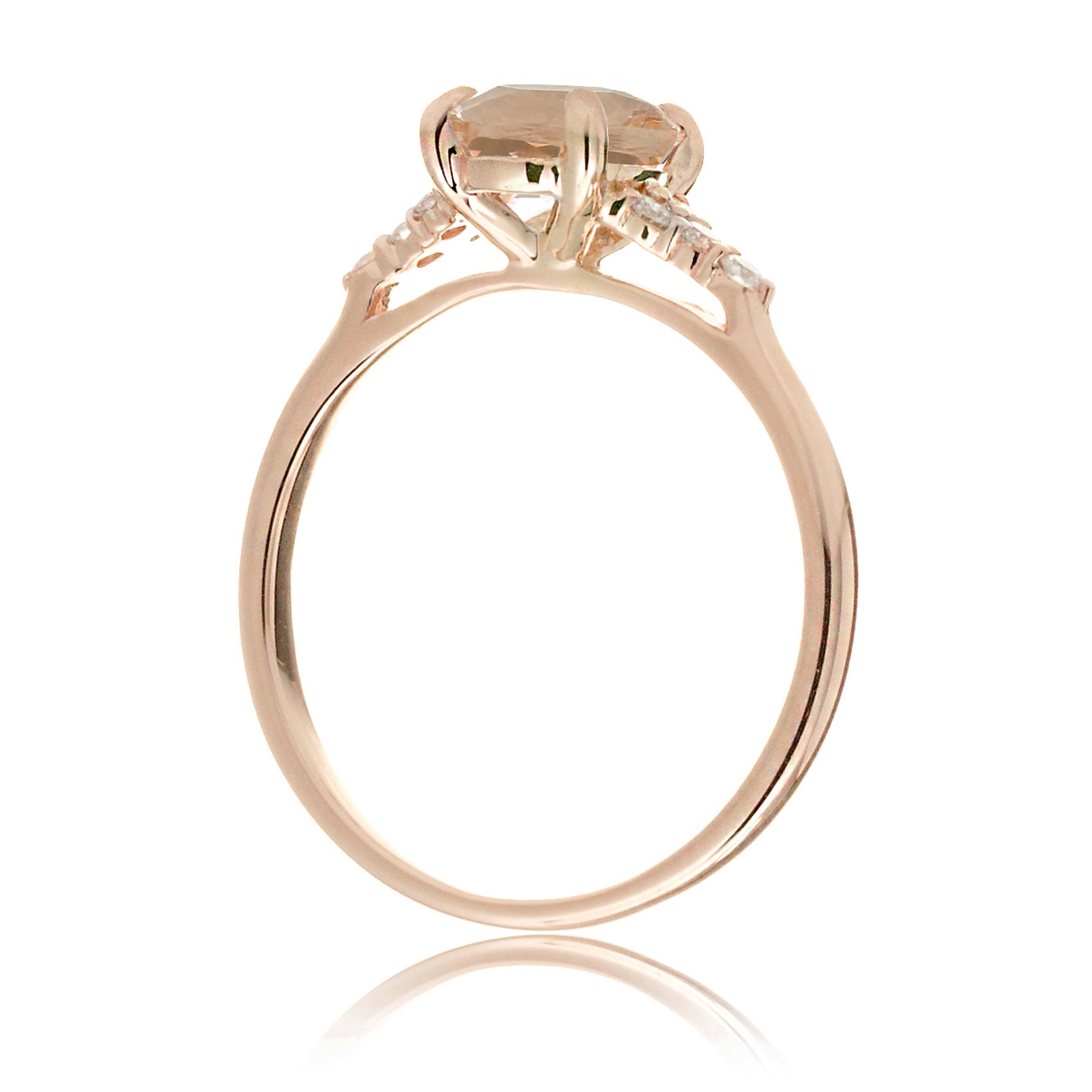 Cushion morganite ring with solid band and diamond accent in rose gold