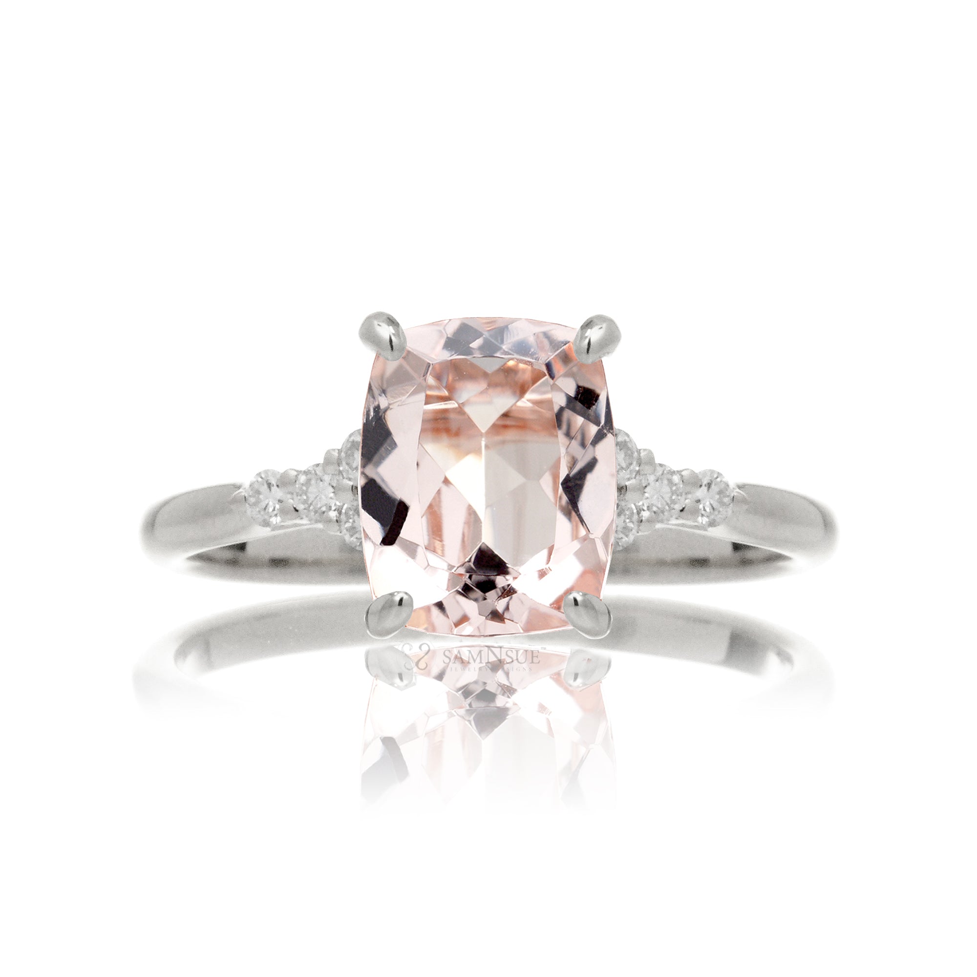 Cushion morganite ring with solid band and diamond accent in white gold