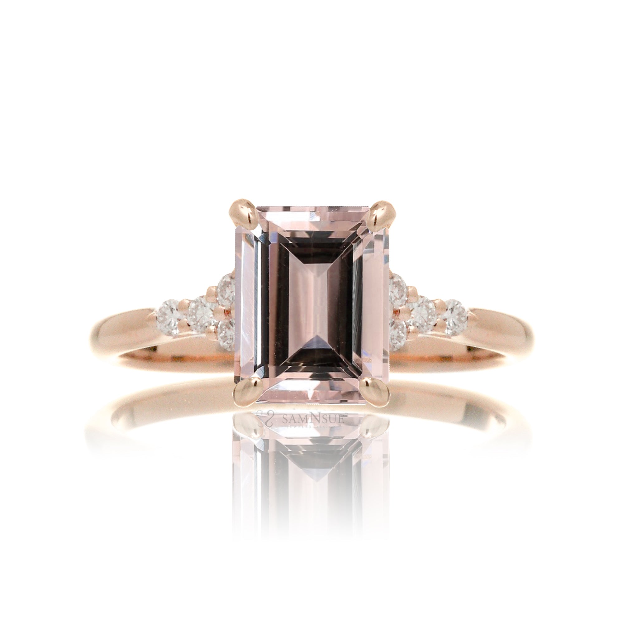 Emerald cut morganite with diamond engagement ring rose gold