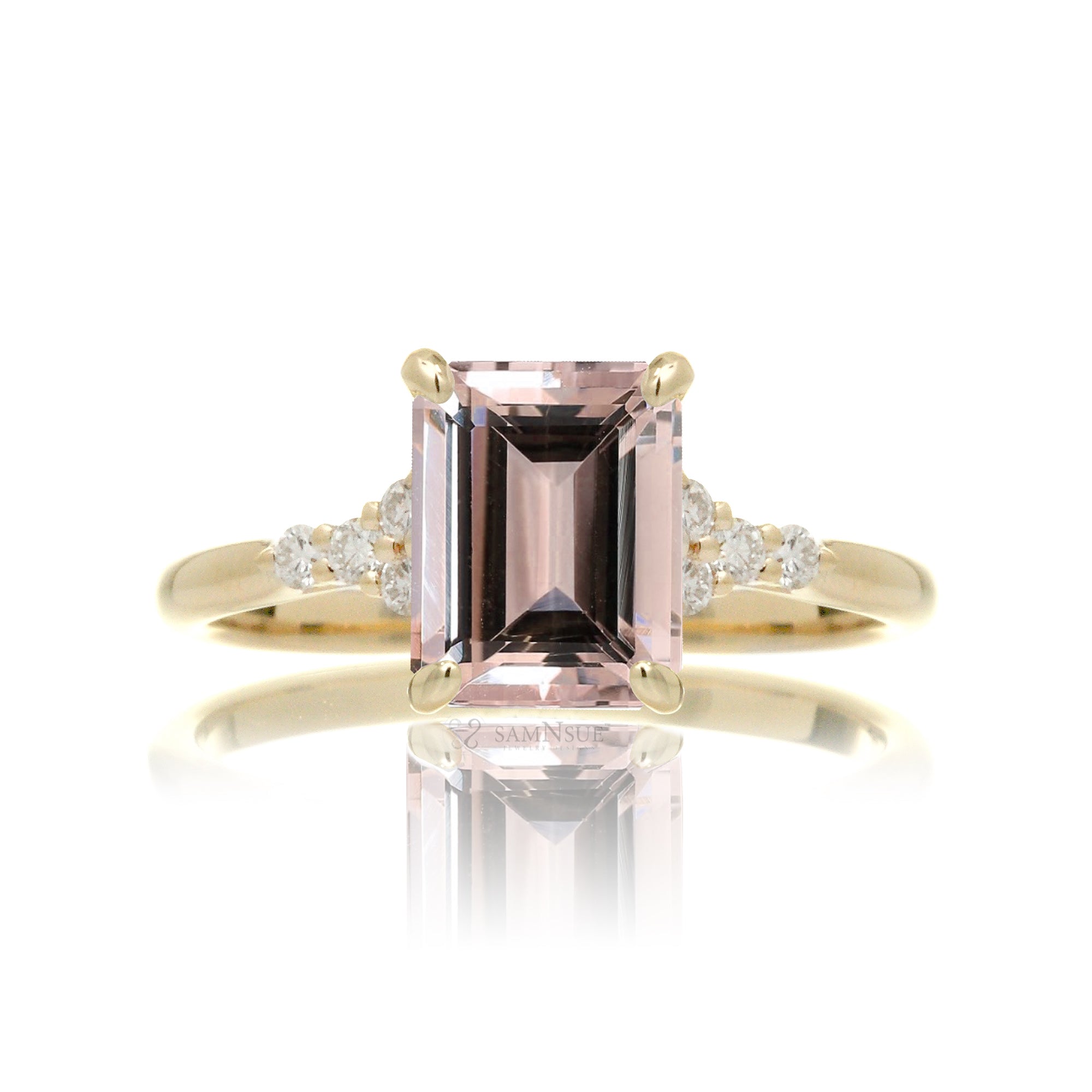 Emerald cut morganite with diamond engagement ring yellow gold
