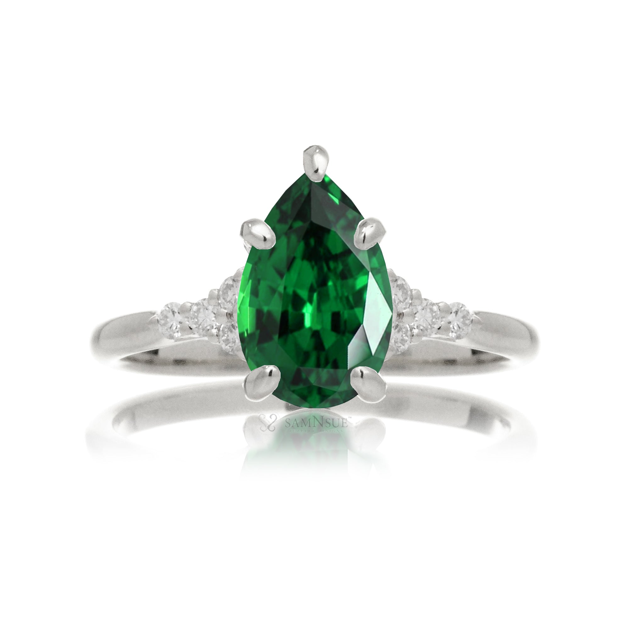 Pear cut emerald and diamond engagement ring in white gold - the Chloe lab-grown