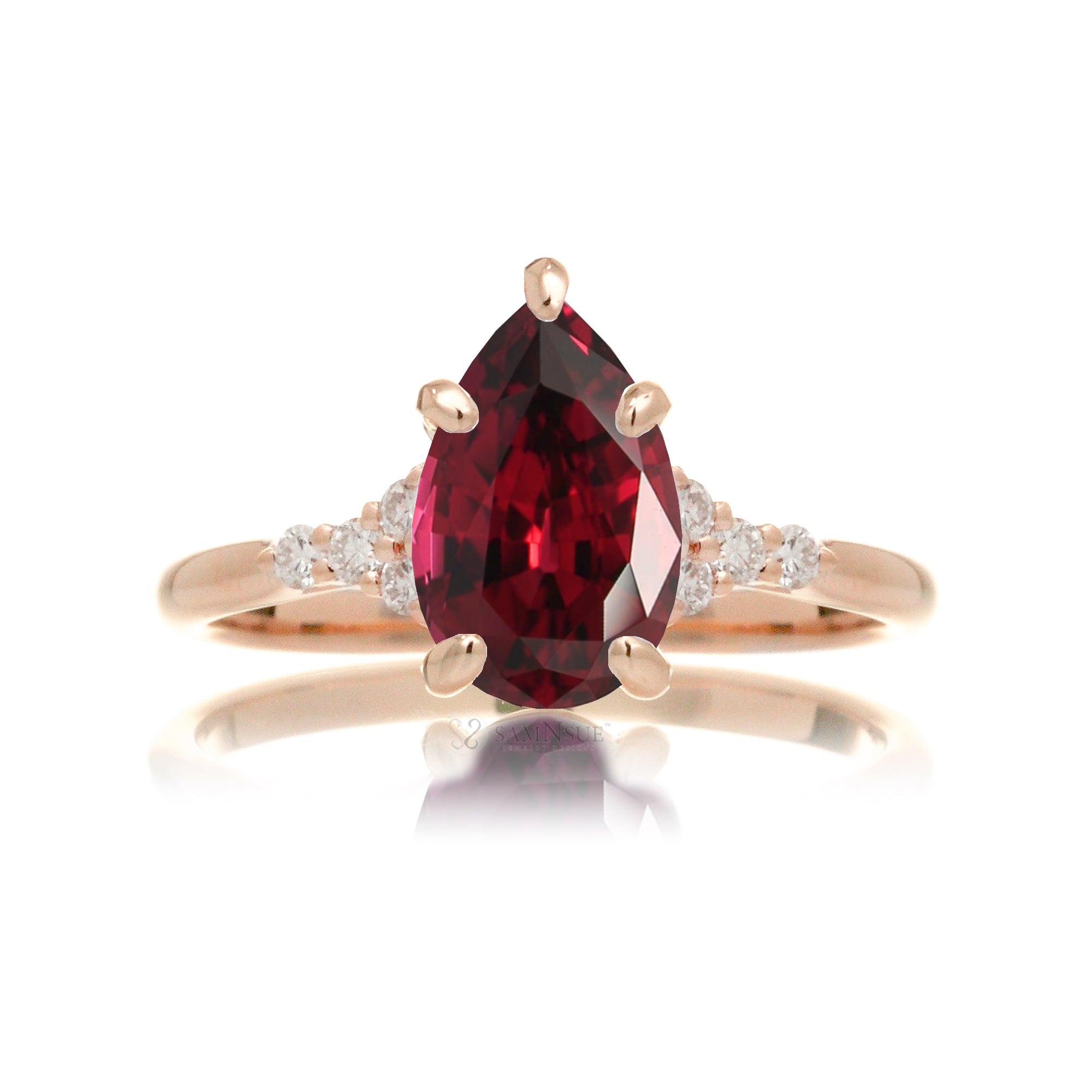 Pear cut ruby and diamond engagement ring in rose gold - the Chloe lab-grown