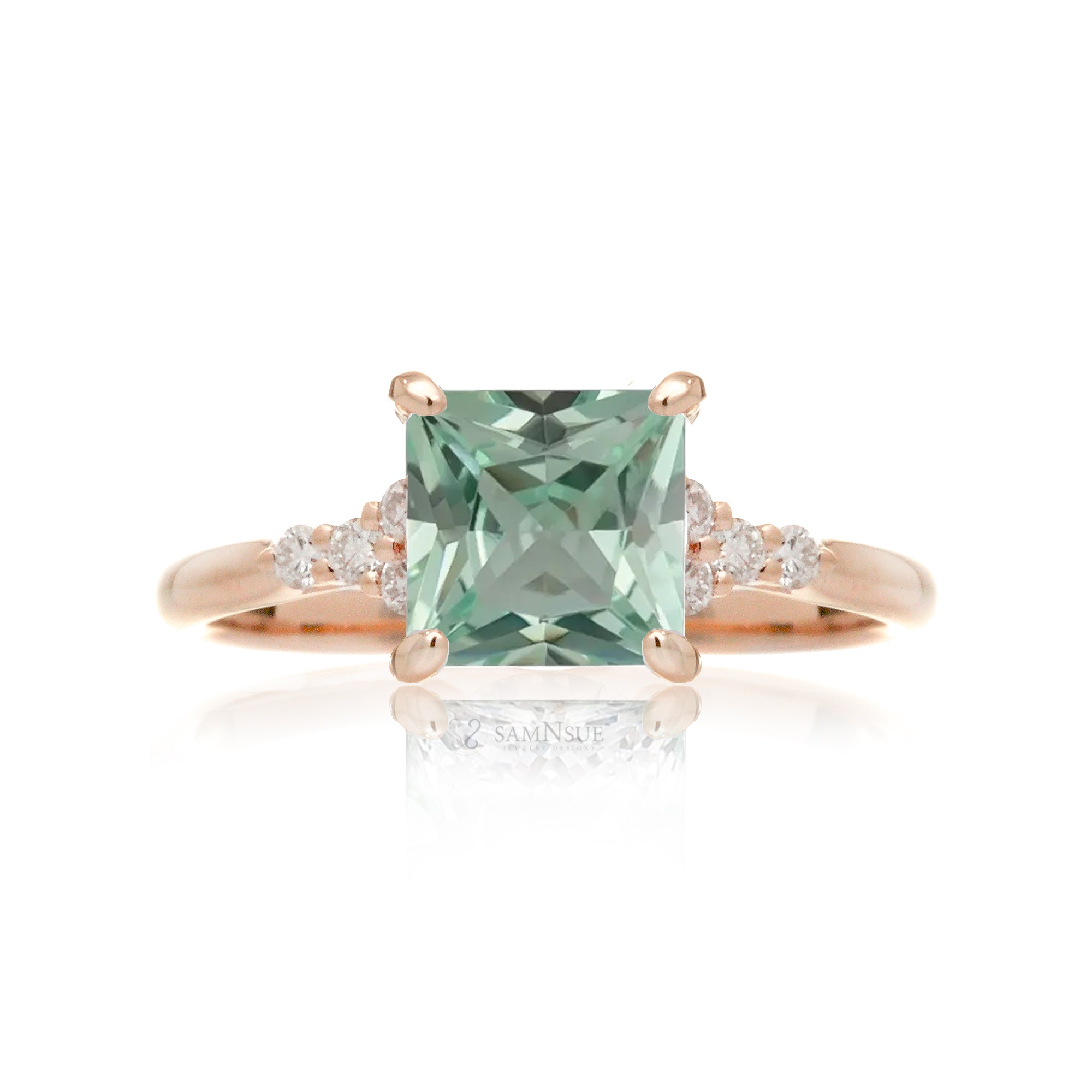 Square princess cut green sapphire and diamond ring in rose gold - the Chloe