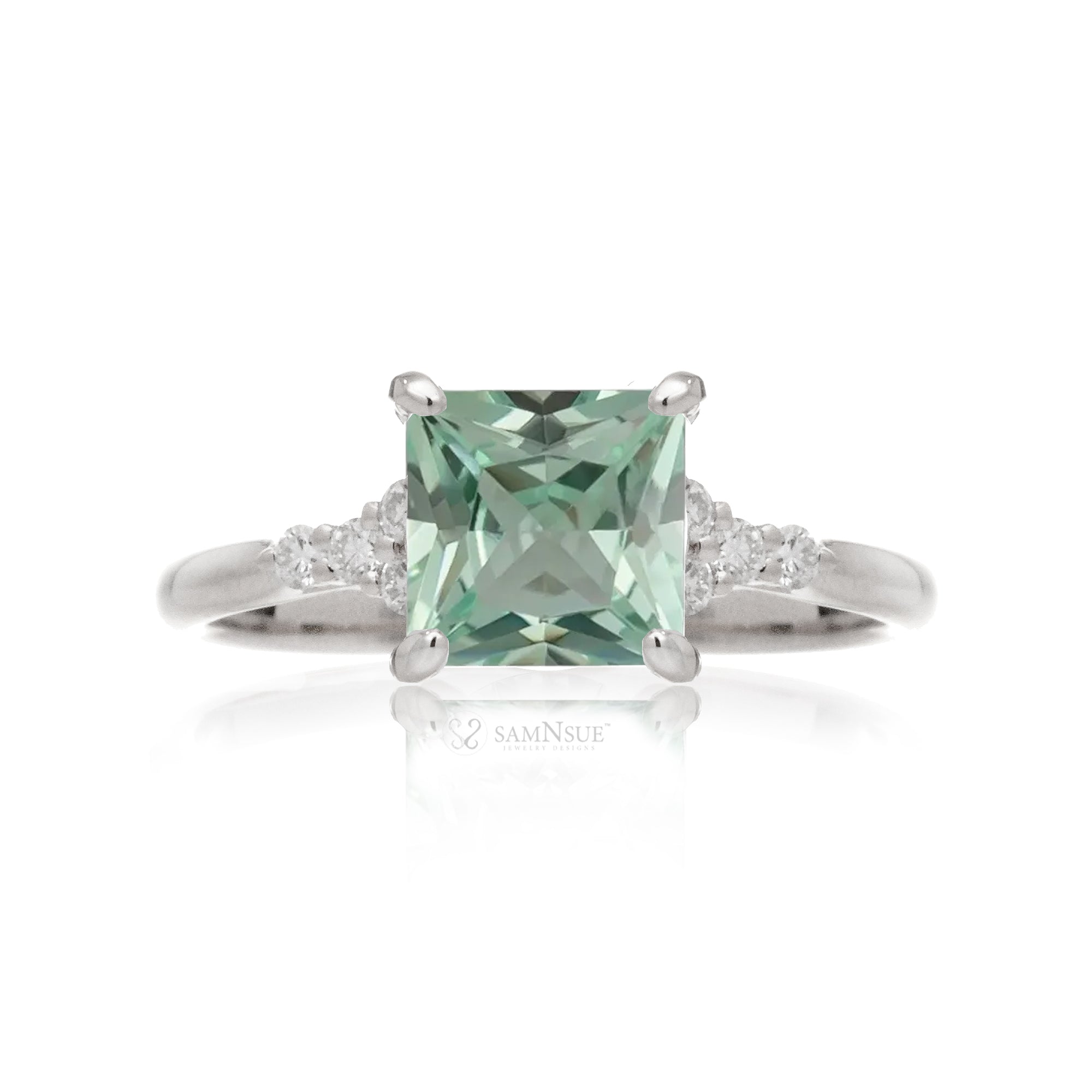 Square princess cut green sapphire and diamond ring in white gold - the Chloe