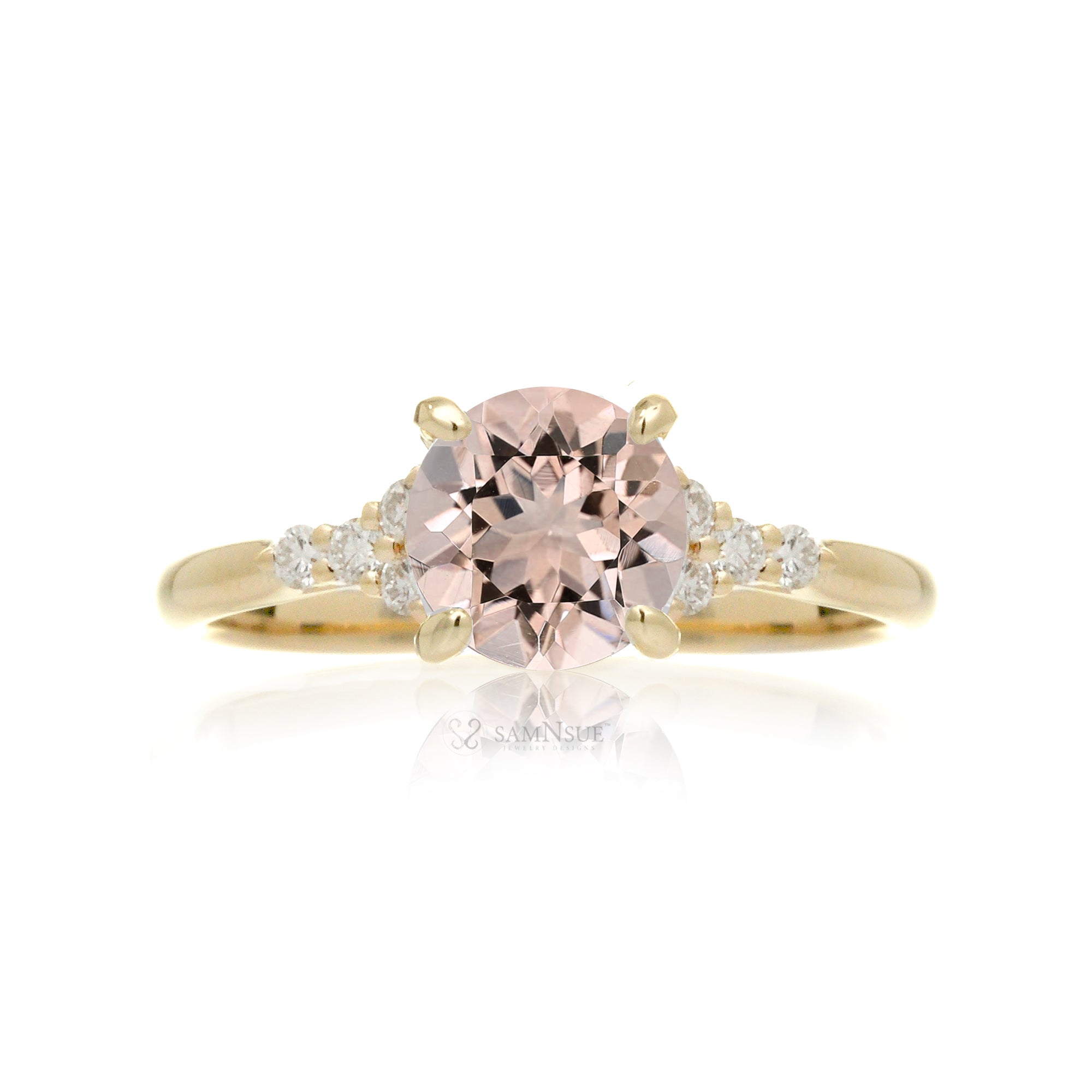 Round morganite ring with diamond accent in yellow gold