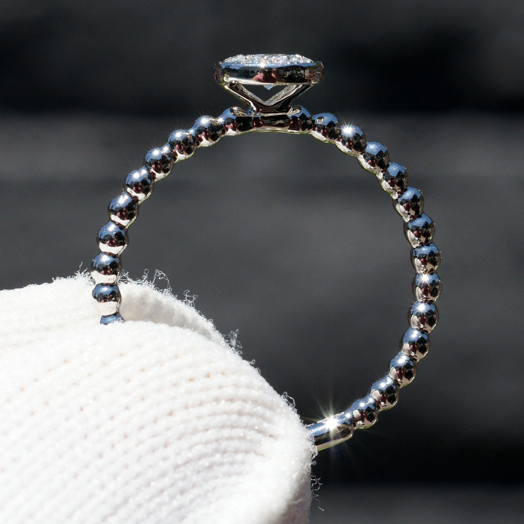Pear cluster diamond ring with beaded band in white gold