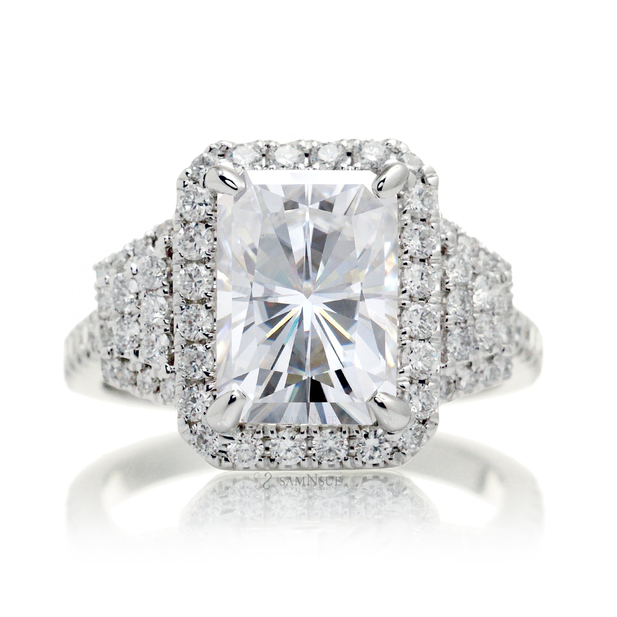 Radiant moissanite ring with a three stone design side trapezoid shape halo ring white gold