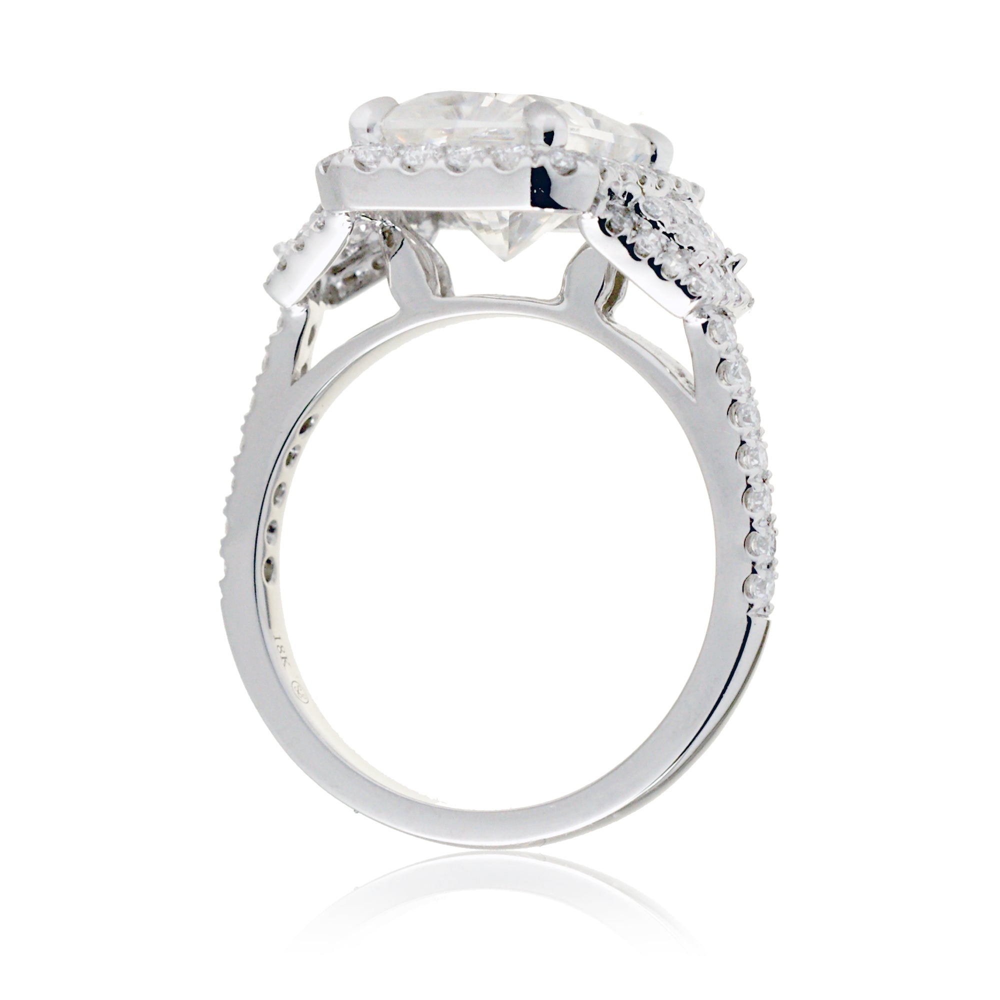 Radiant moissanite ring with a three stone design side trapezoid shape halo ring white gold