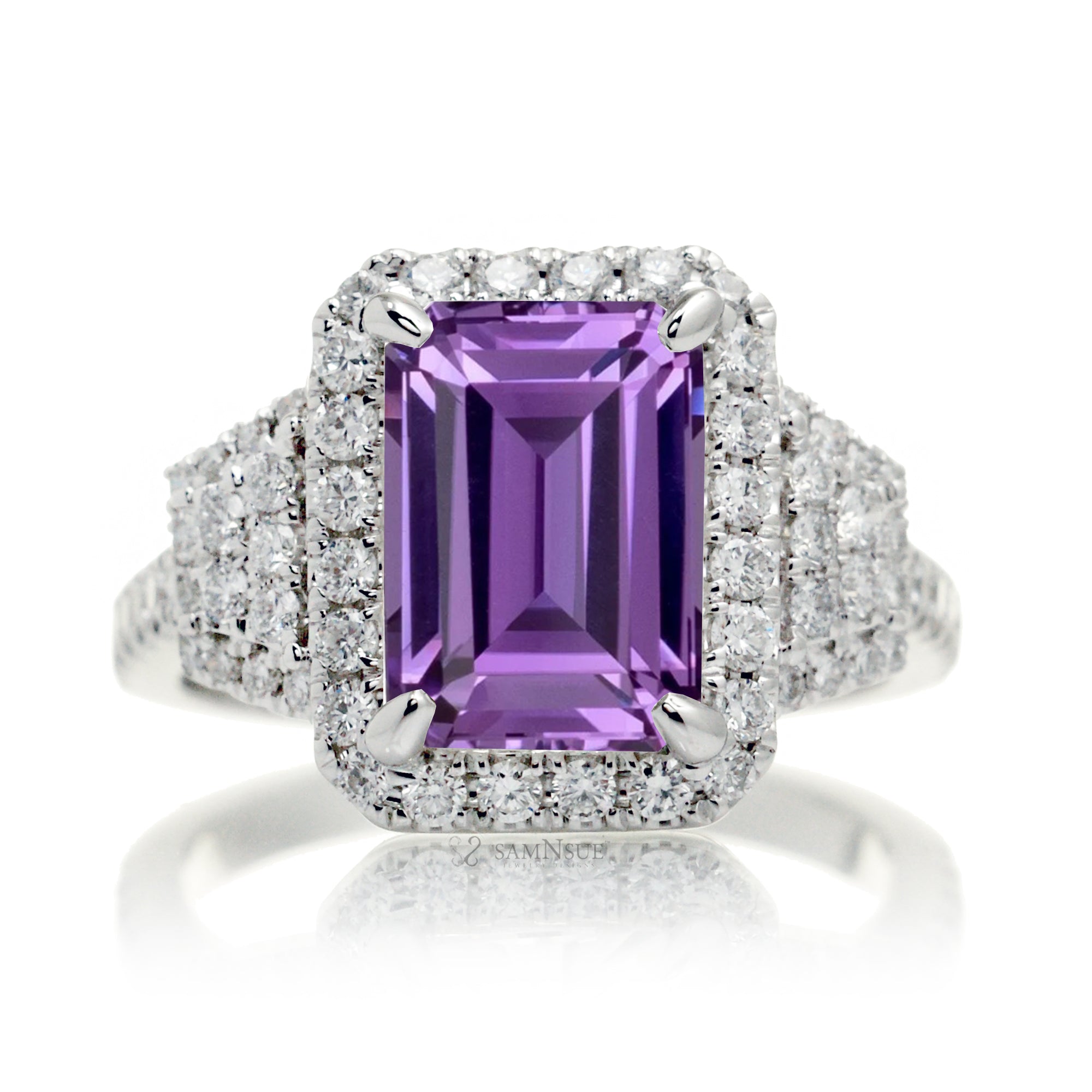 The Taylor Halo Emerald Cut Purple Sapphire Ring (Amethyst)