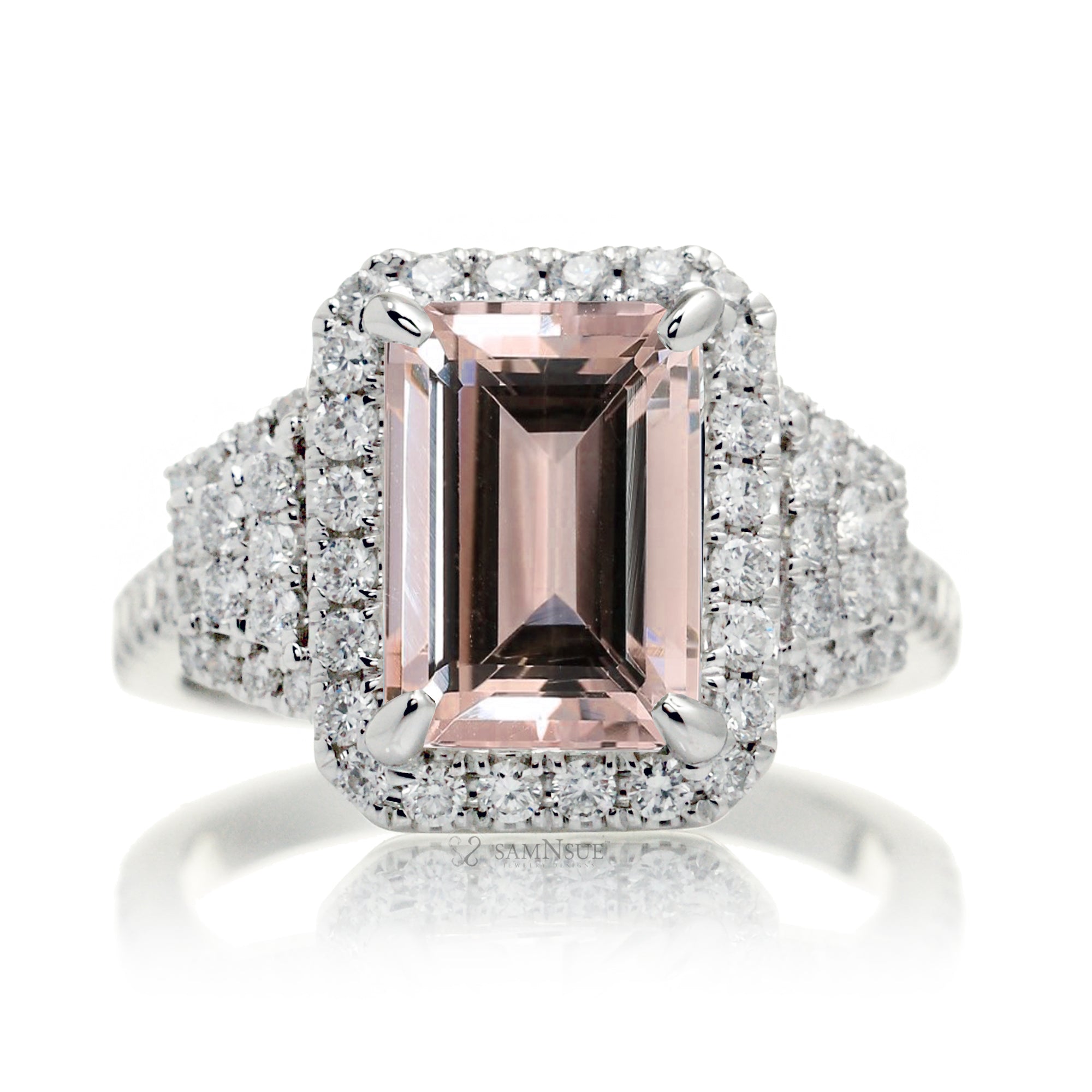 Emerald cut morganite diamond halo and trapezoid three stone ring white gold