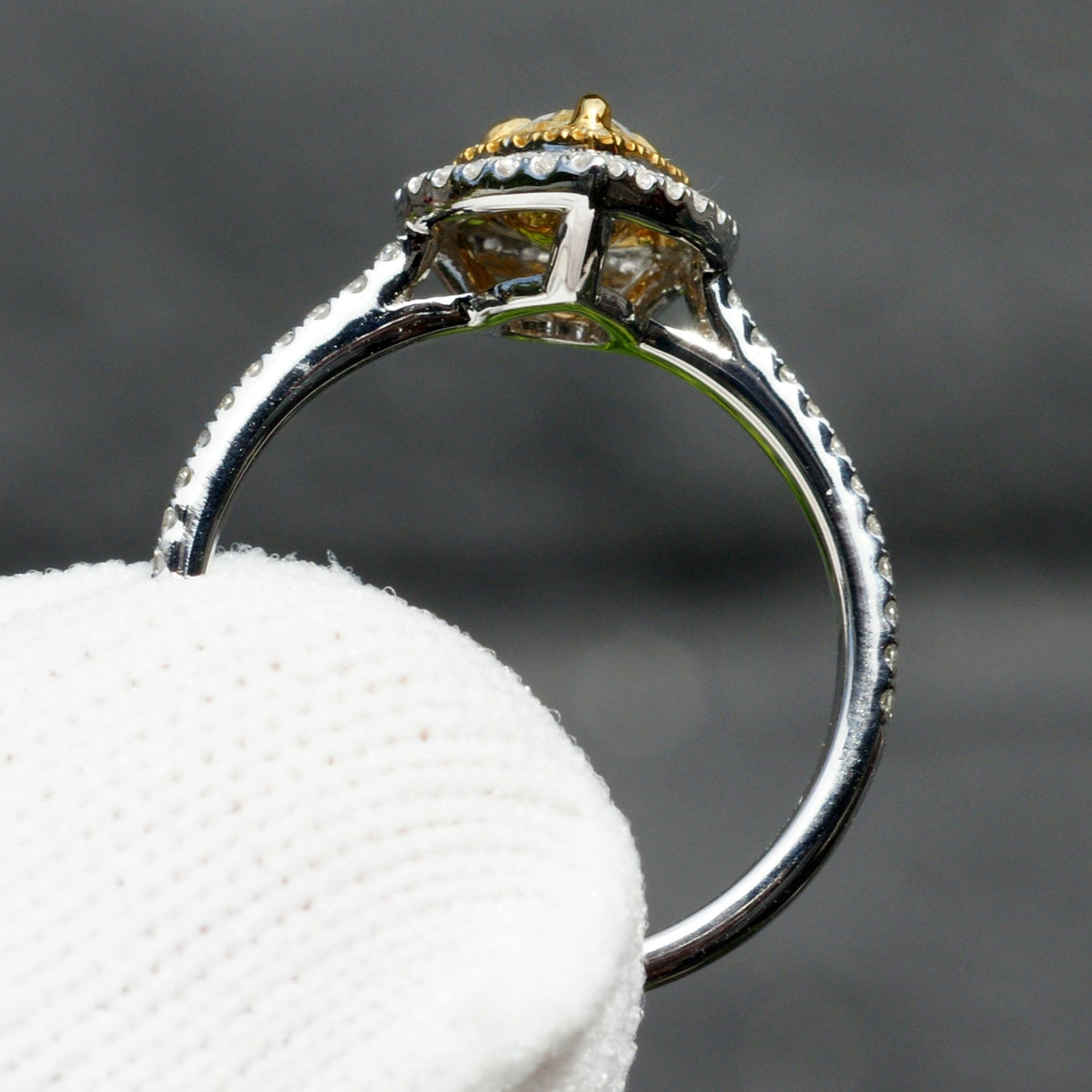 Fancy yellow pear natural diamond double halo two tone engagement solitaire ring