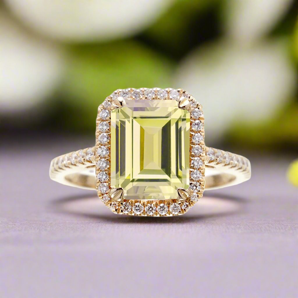 Yellow sapphire emerald cut ring with diamond halo