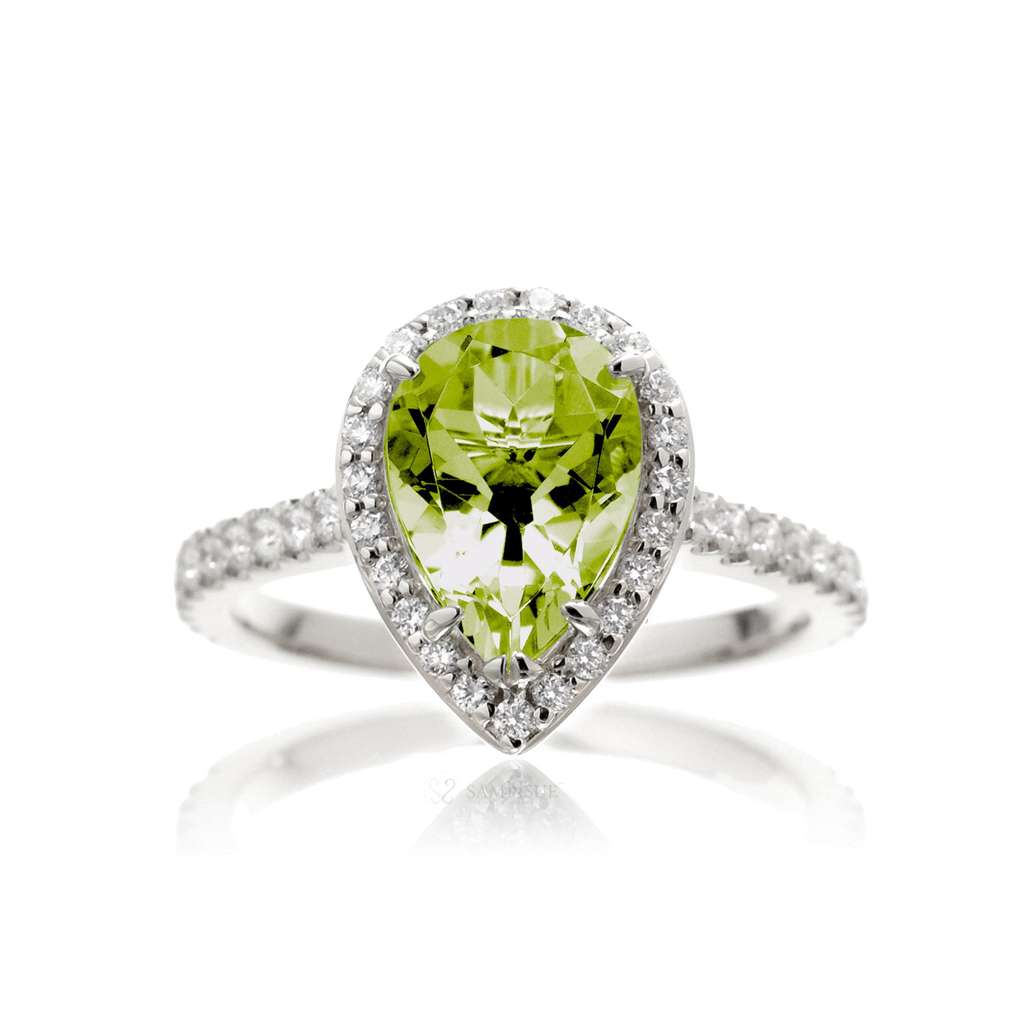 Pear peridot diamond halo engagement ring the Sunset white gold