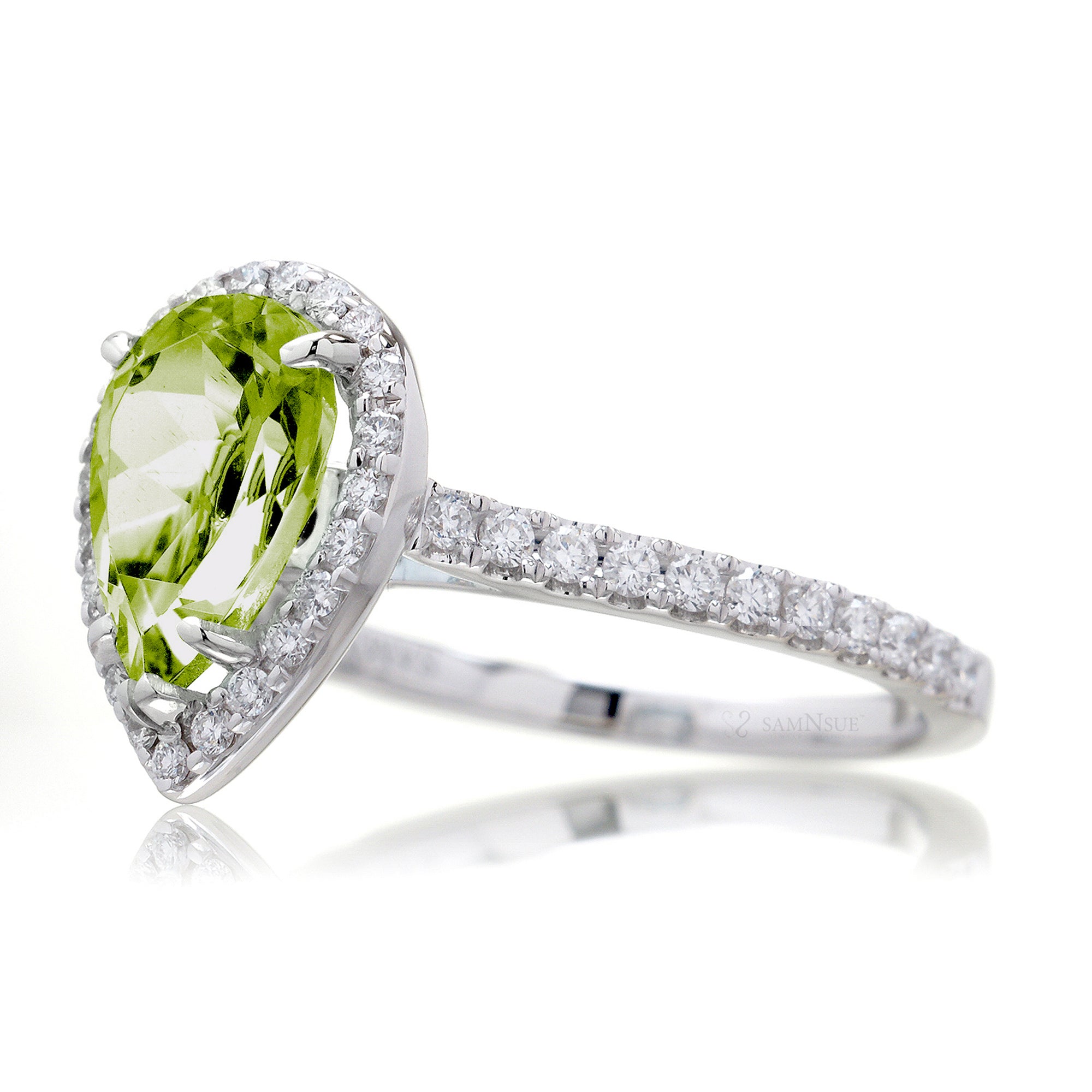 Pear peridot diamond halo engagement ring the Sunset white gold