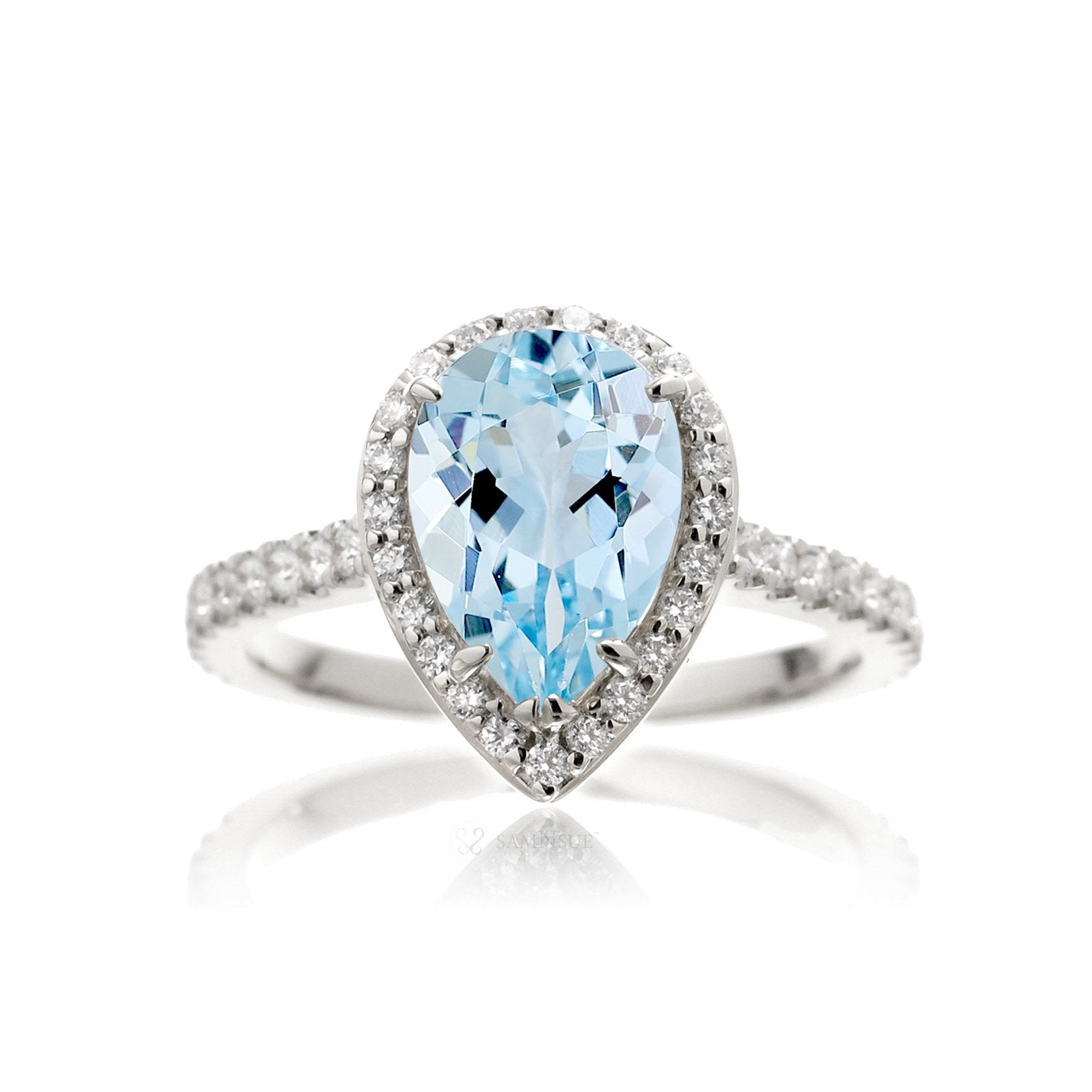 Pear aquamarine halo engagement ring in the Sunset white gold