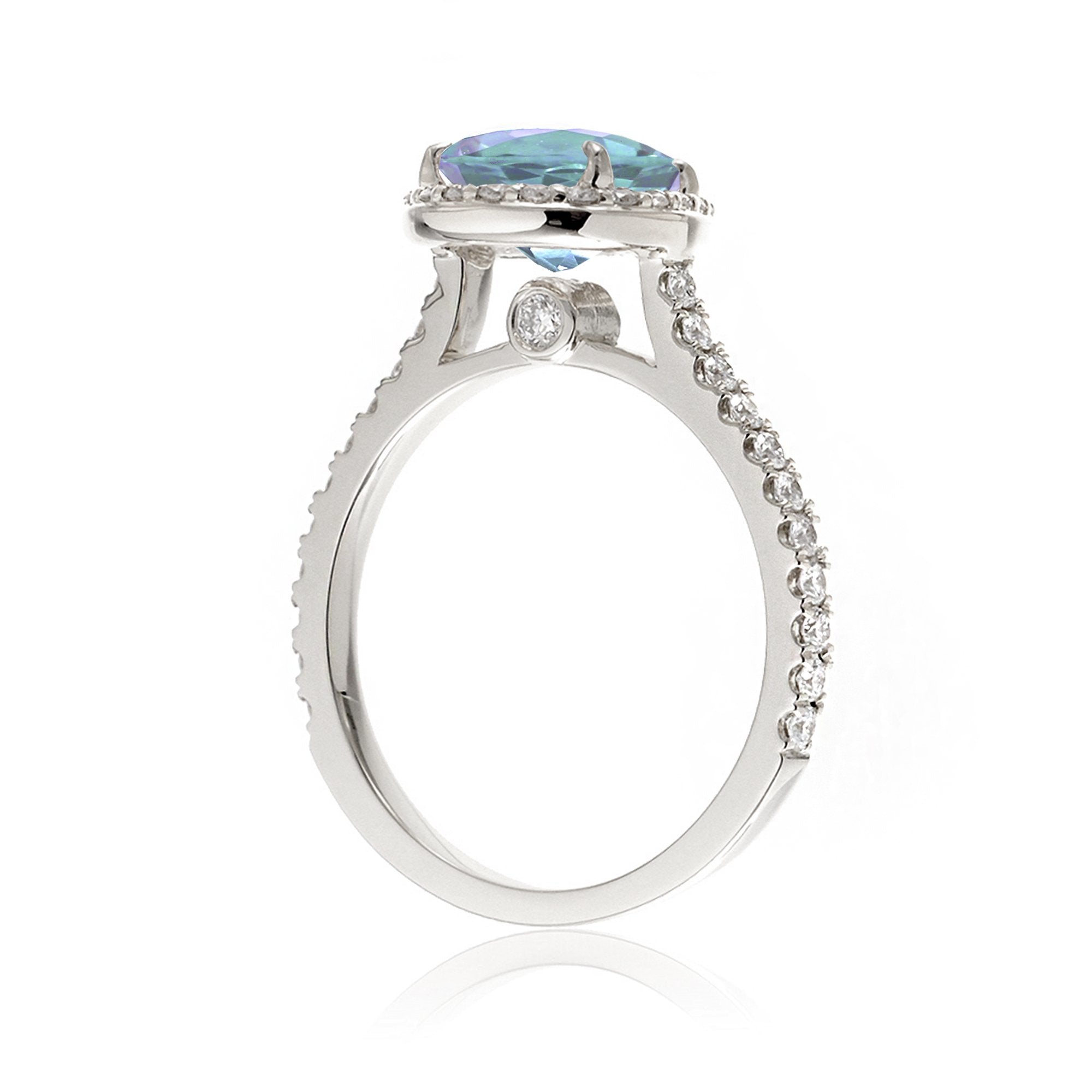 Pear aquamarine halo engagement ring in the Sunset white gold