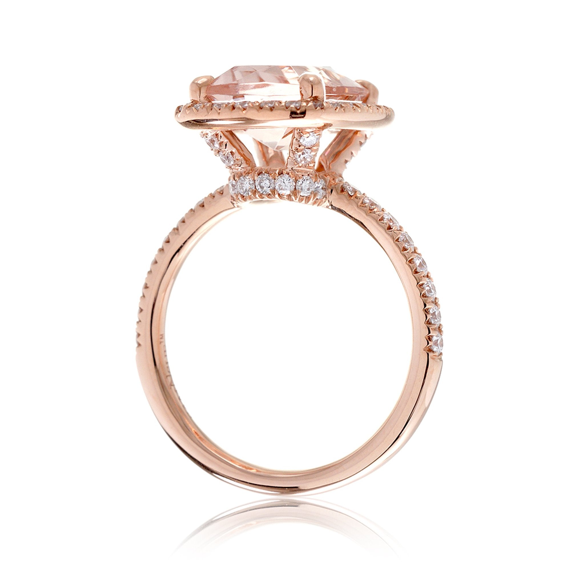 Cushion cut pink morganite engagement ring with diamond halo the Drenched rose gold side view