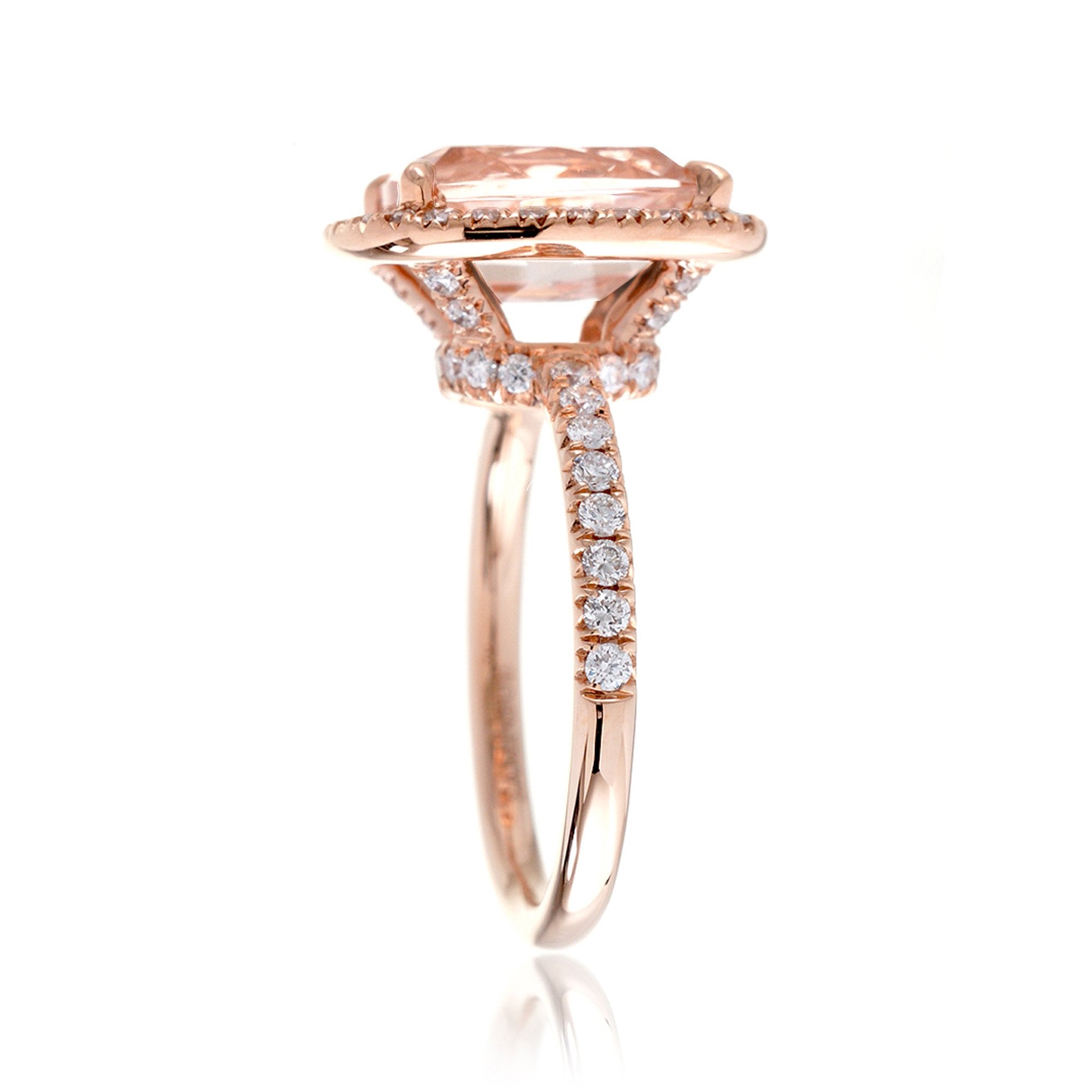 Cushion cut pink morganite engagement ring with diamond halo the Drenched rose gold side profile