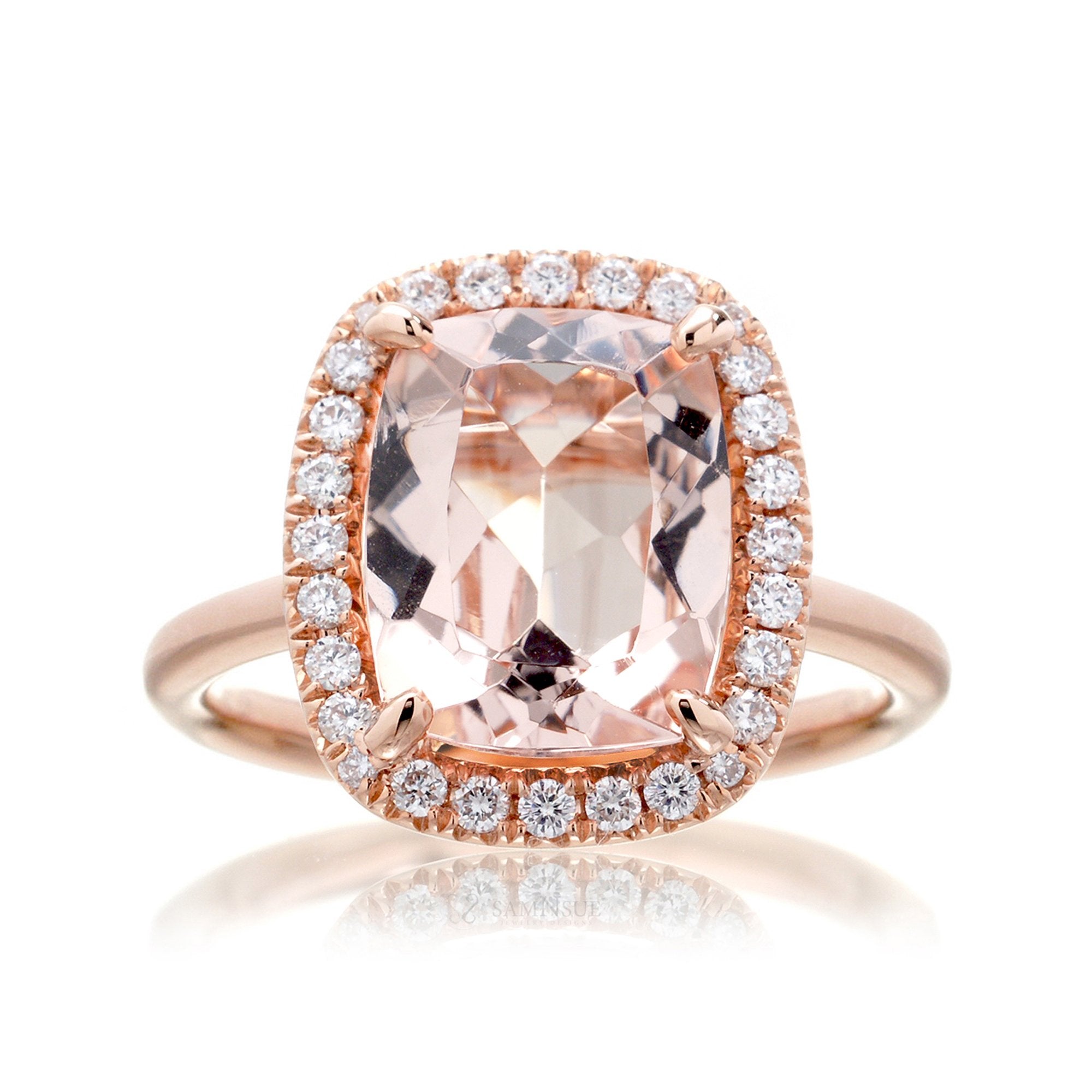 Cushion cut pink morganite engagement ring with diamond halo the Drenched rose gold solid band