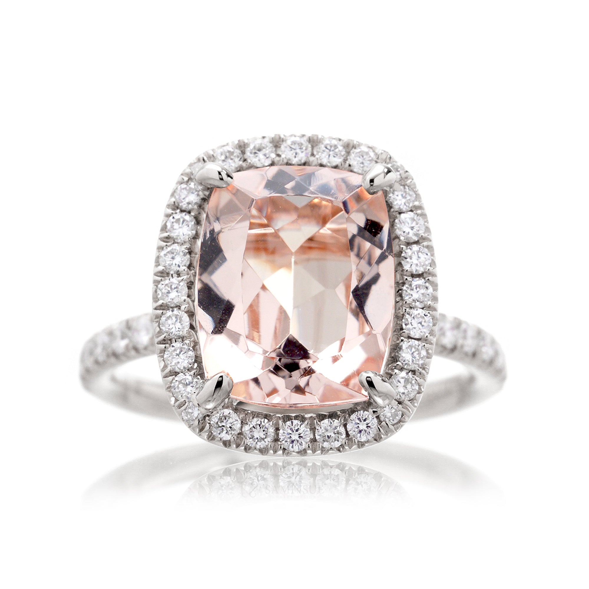 Cushion cut pink morganite engagement ring with diamond halo the Drenched white gold top view