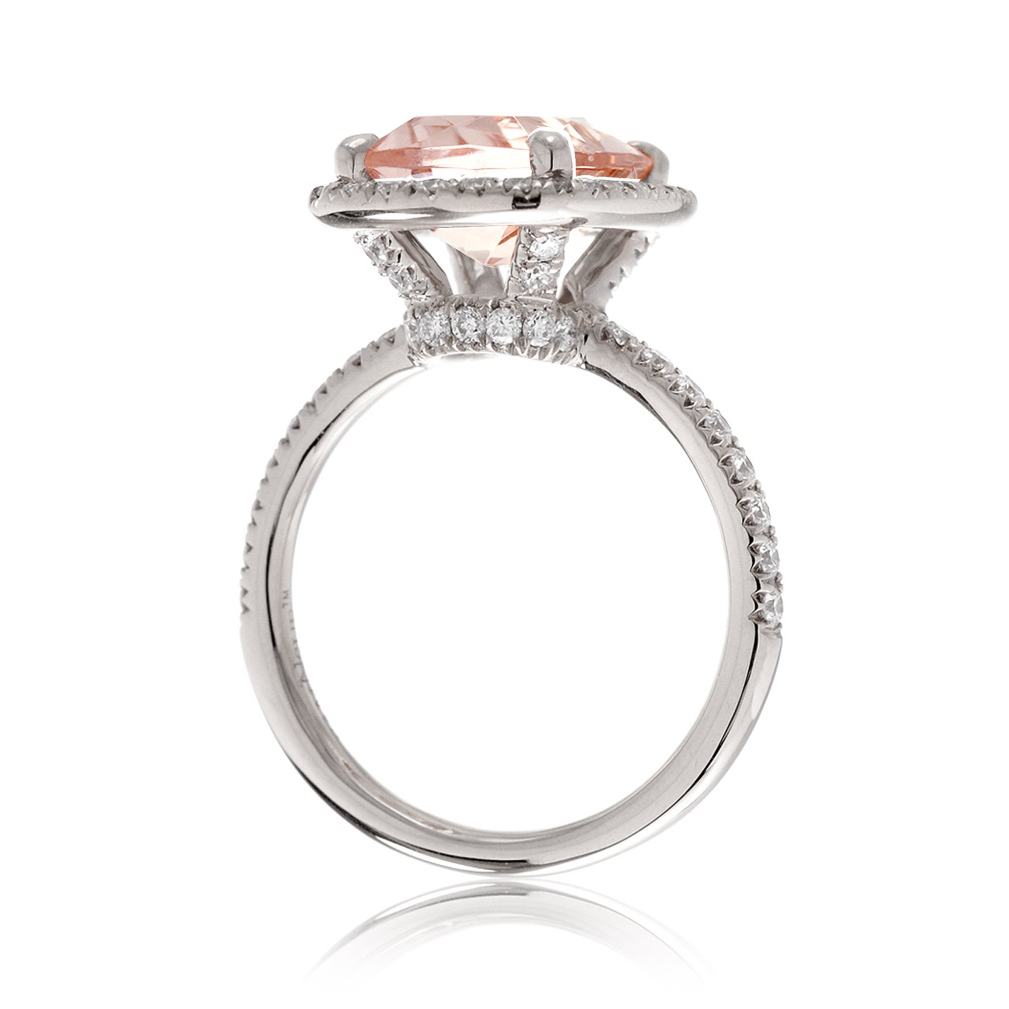 Cushion cut pink morganite engagement ring with diamond halo the Drenched white gold side view