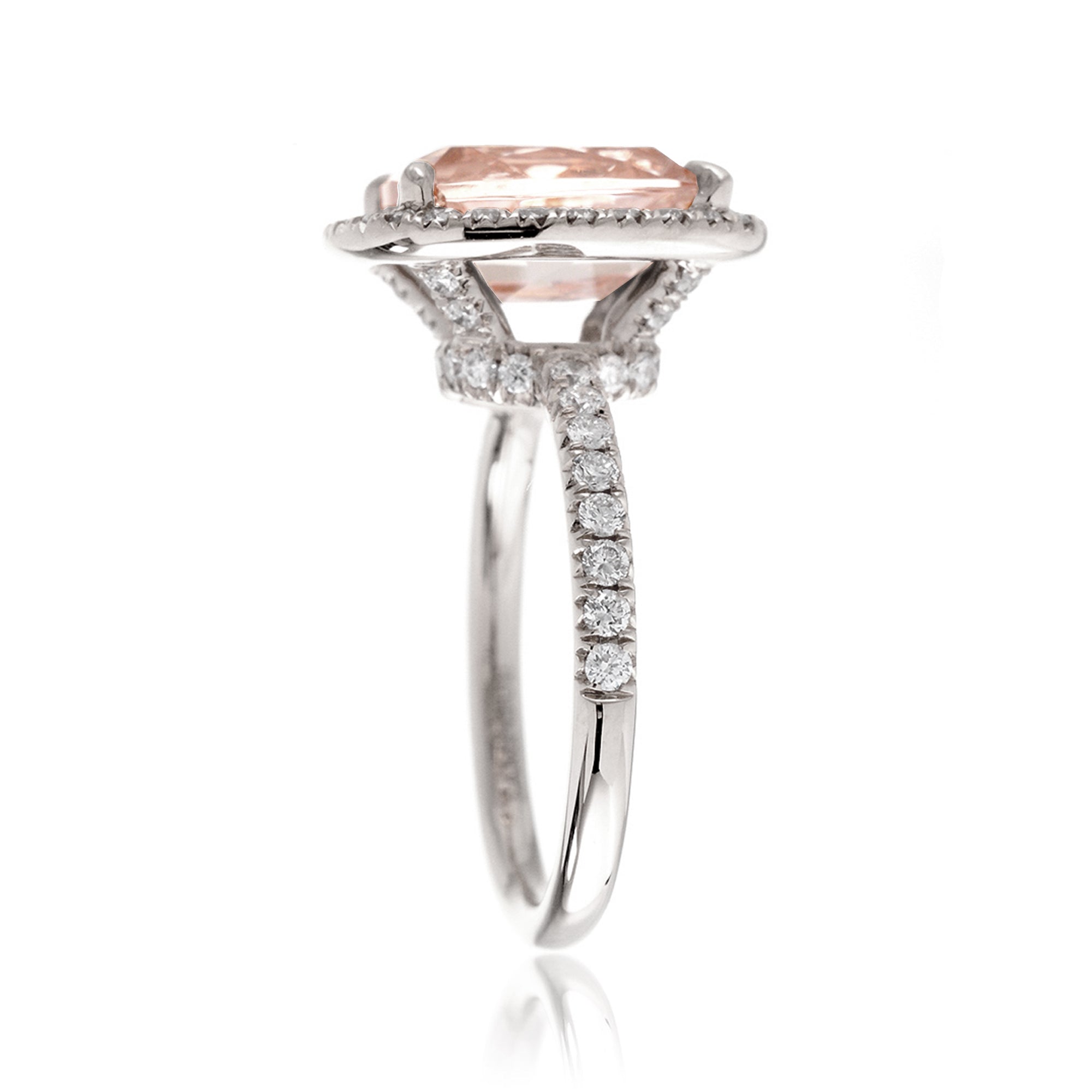 Cushion cut pink morganite engagement ring with diamond halo the Drenched white gold side profile