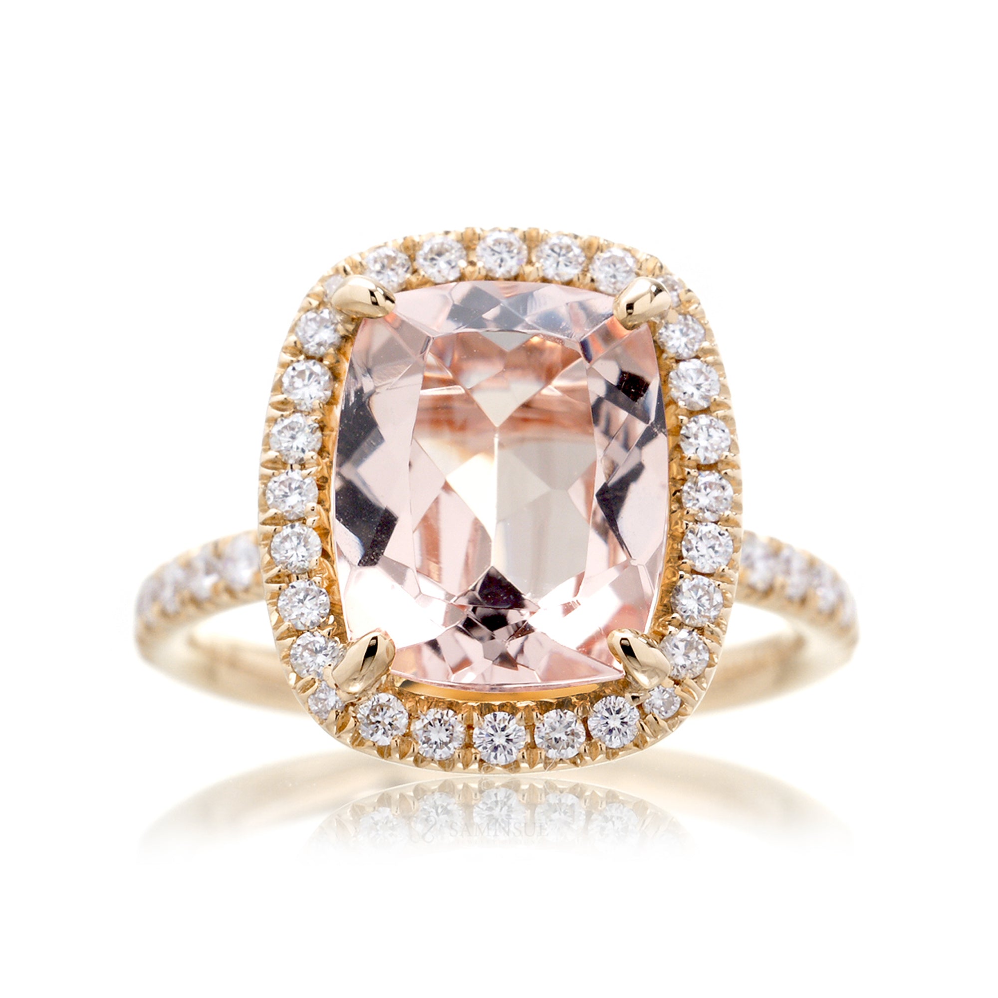 Cushion cut pink morganite engagement ring with diamond halo the Drenched yellow gold top view