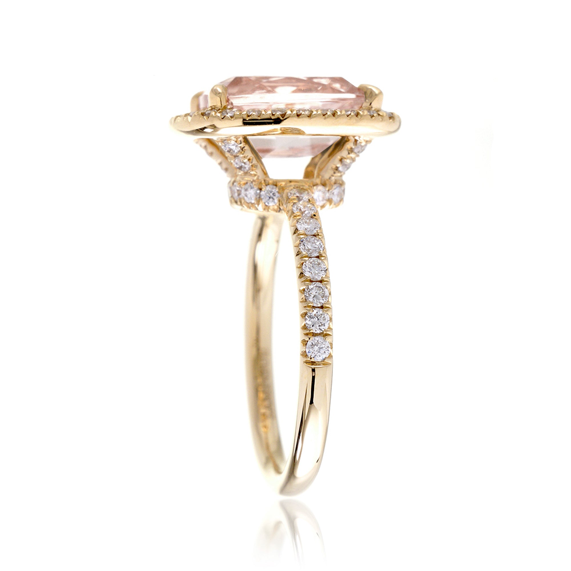 Cushion cut pink morganite engagement ring with diamond halo the Drenched yellow gold side profile