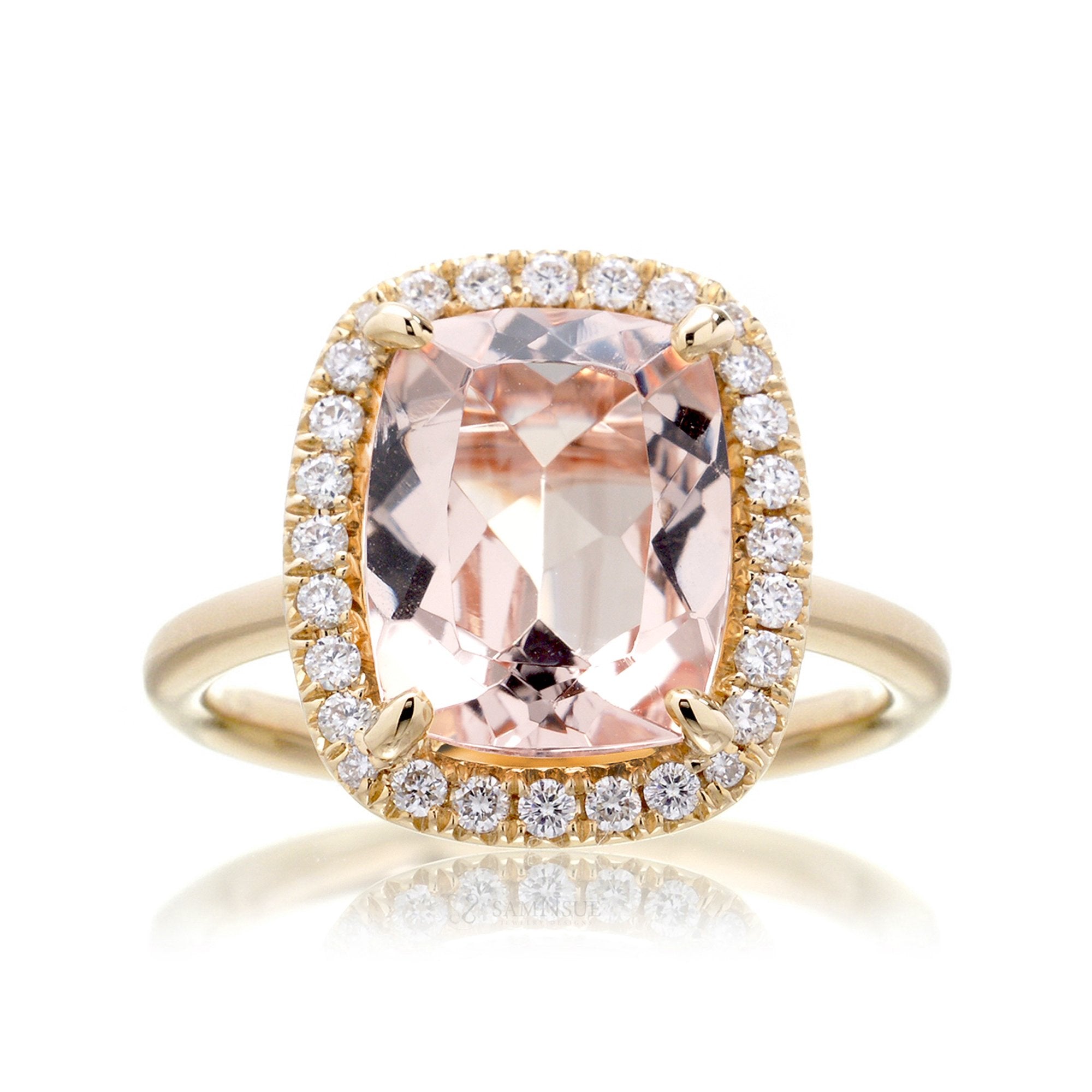 Cushion cut pink morganite engagement ring with diamond halo the Drenched yellow gold solid band